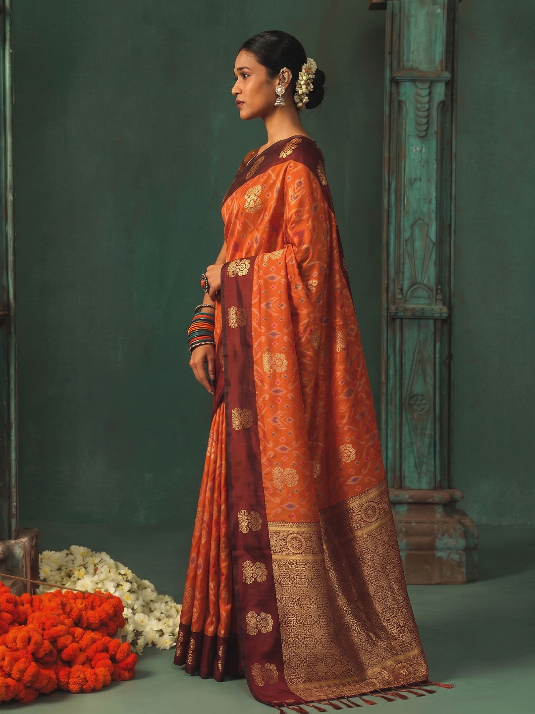 Peachmode Orange Silk Blend Woven Saree - Image 3