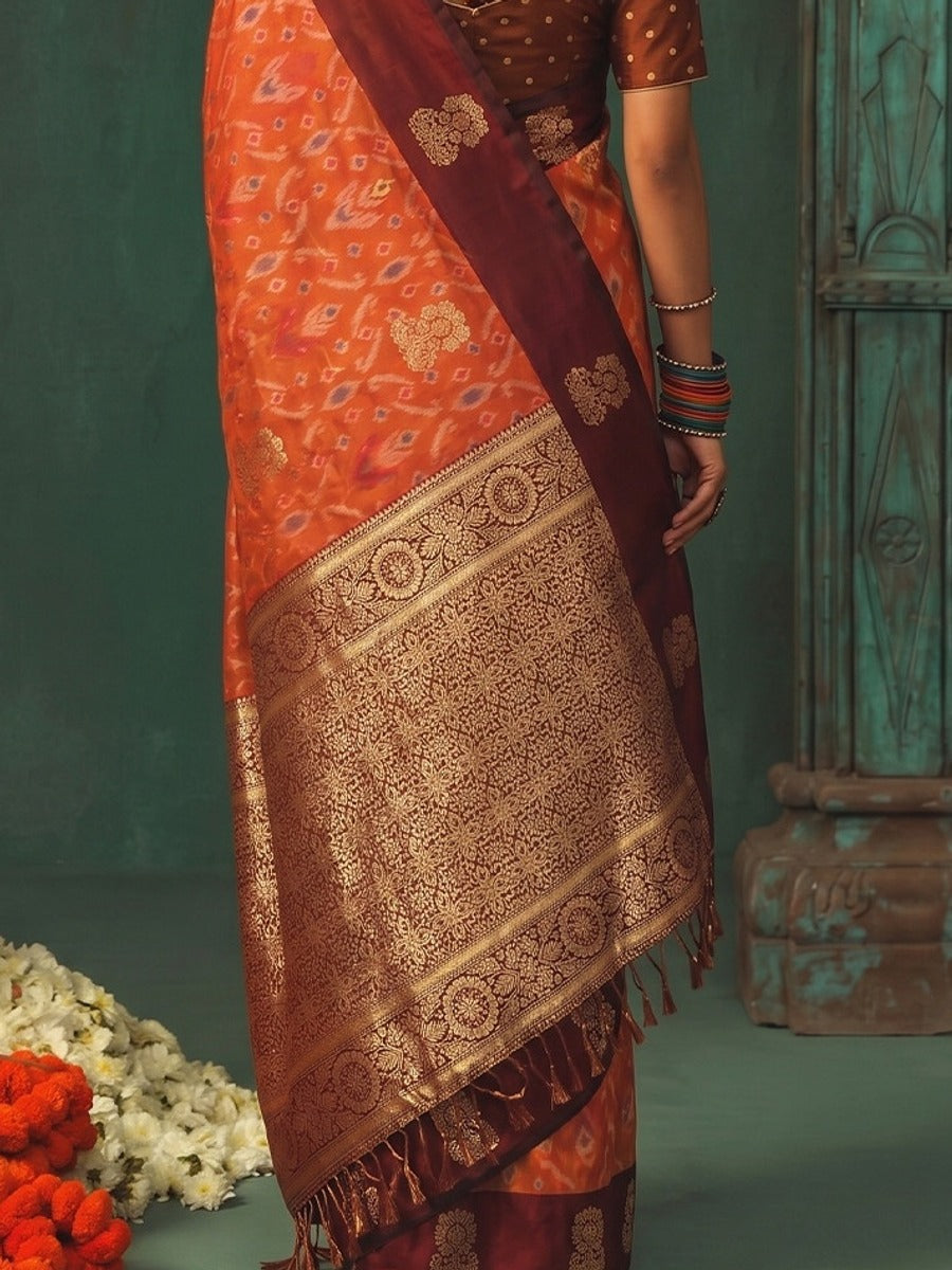 Peachmode Orange Silk Blend Woven Saree - Image 5
