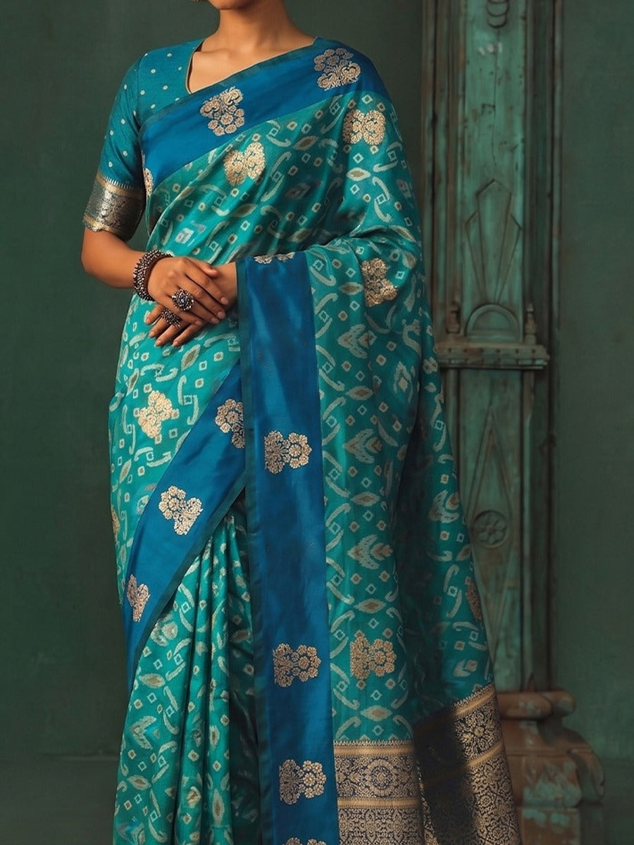 Peachmode Sky Blue Silk Blend Woven Saree - Image 4
