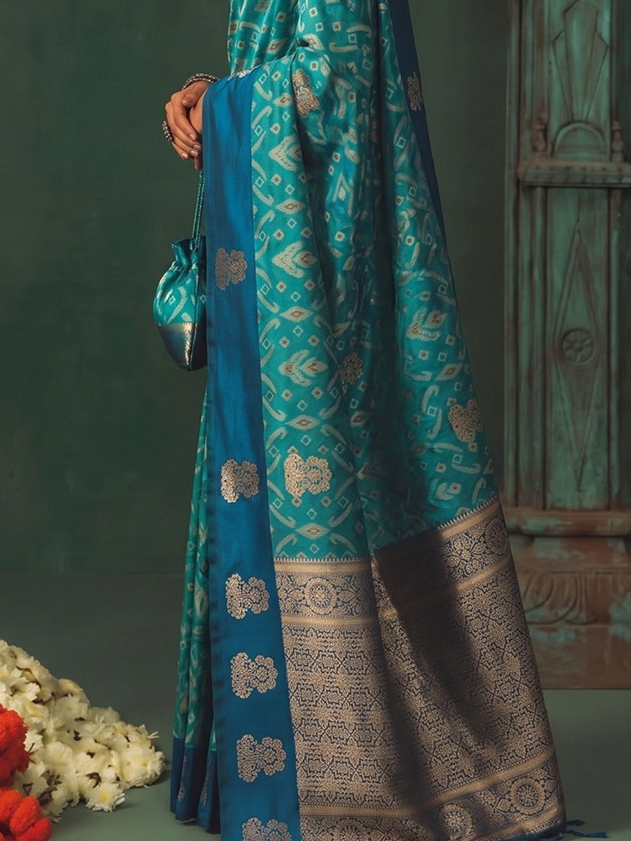 Peachmode Sky Blue Silk Blend Woven Saree - Image 5