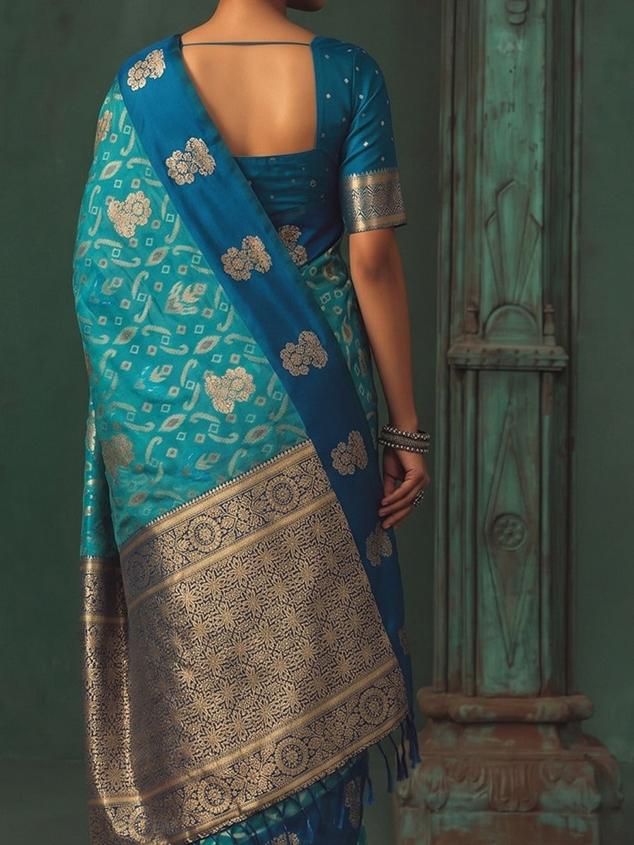 Peachmode Sky Blue Silk Blend Woven Saree - Image 6