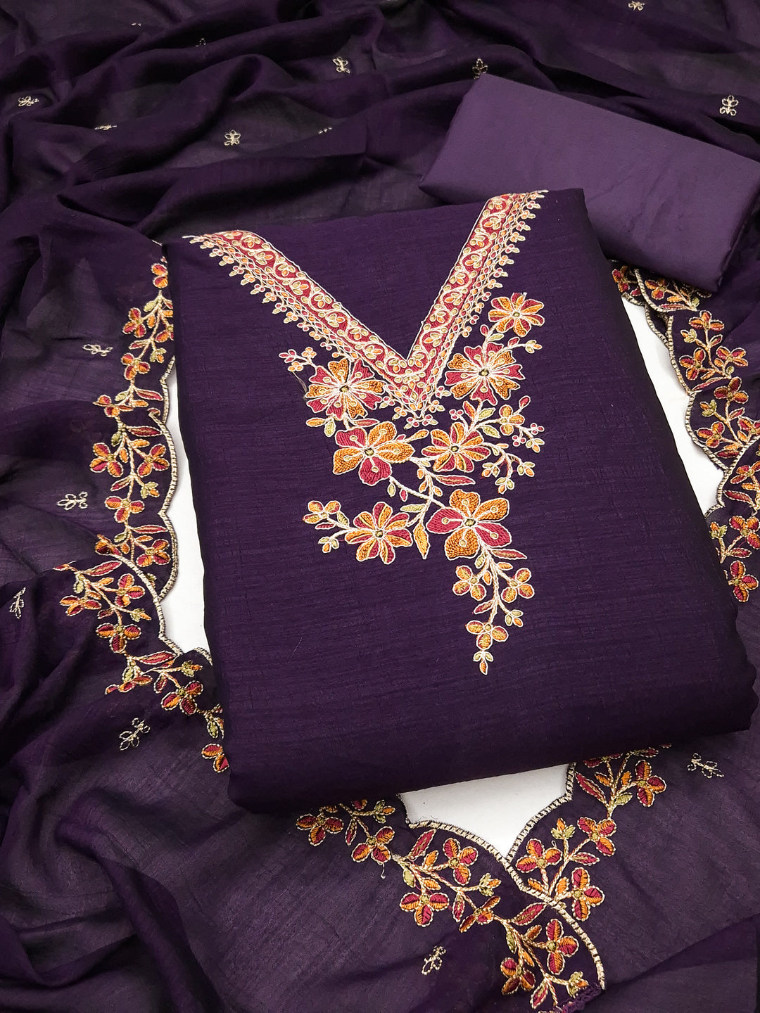Peachmode Purple Vichitra Silk Floral Embroidered Unstitched Dress Material - Image 1