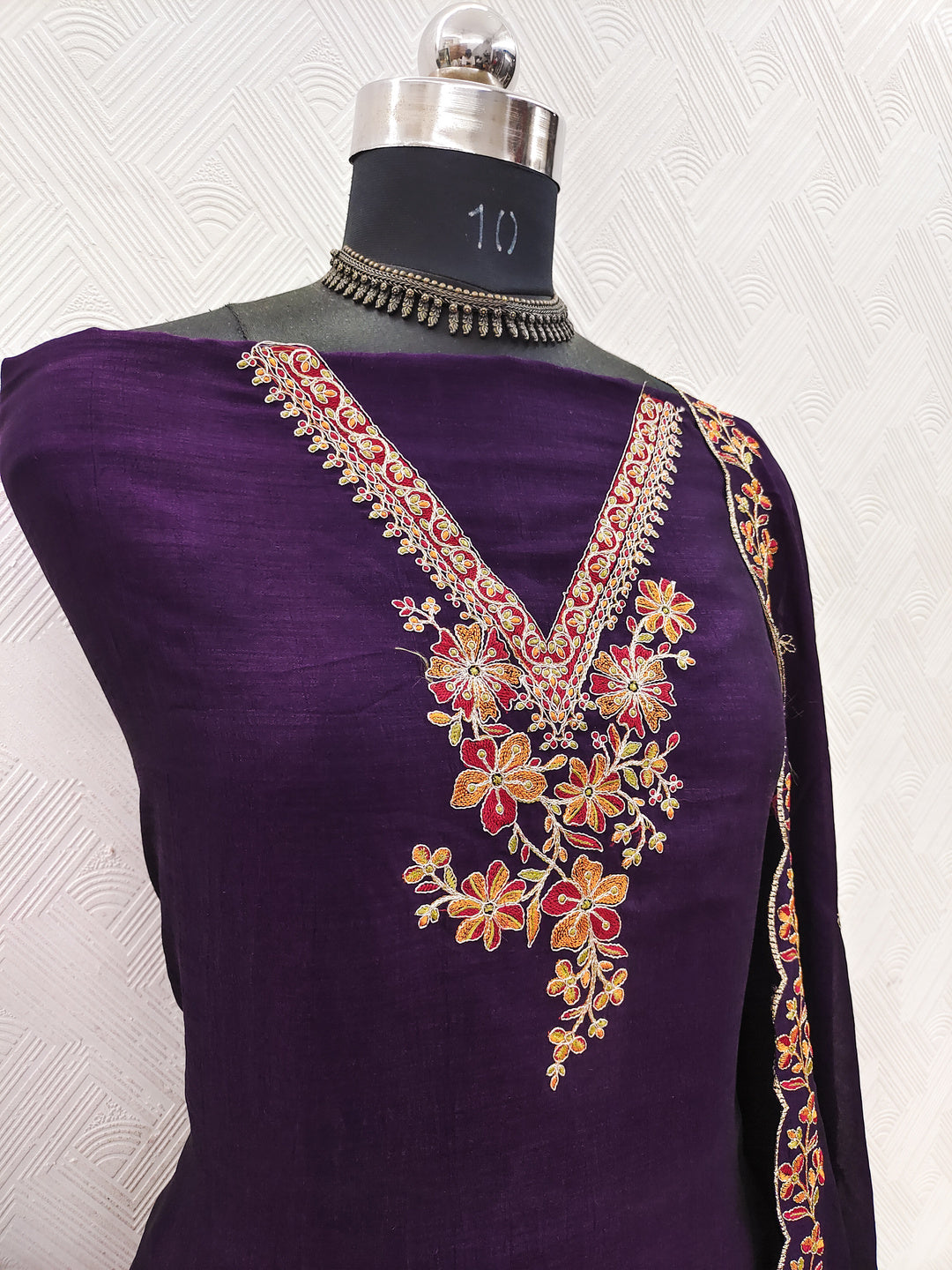 Peachmode Purple Vichitra Silk Floral Embroidered Unstitched Dress Material - Image 3