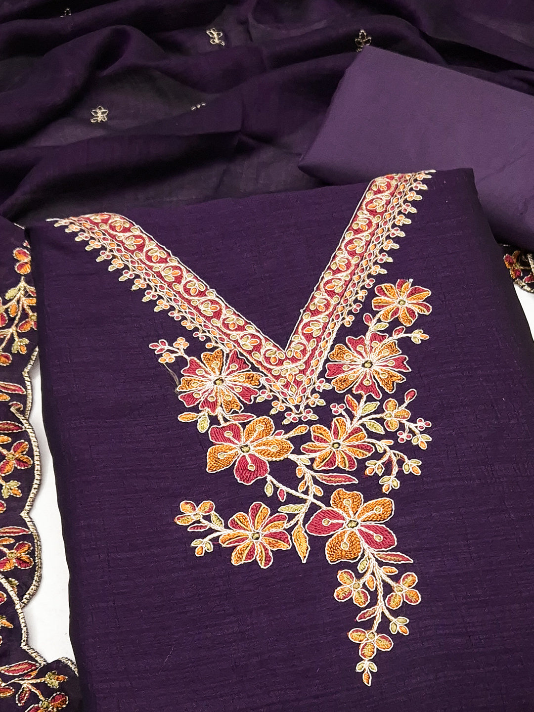 Peachmode Purple Vichitra Silk Floral Embroidered Unstitched Dress Material - Image 4