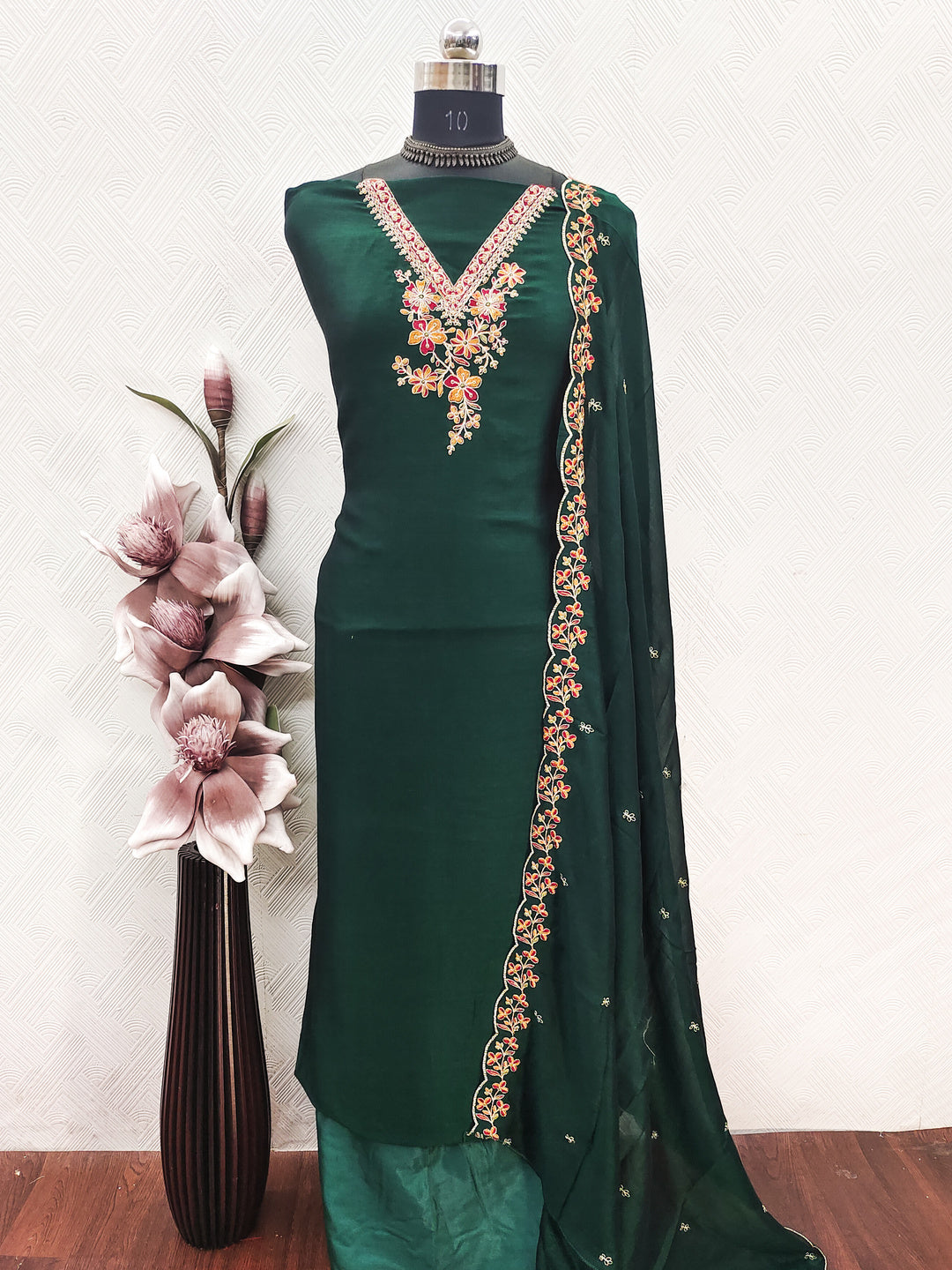 Peachmode Green Vichitra Silk Floral Embroidered Unstitched Dress Material - Image 2