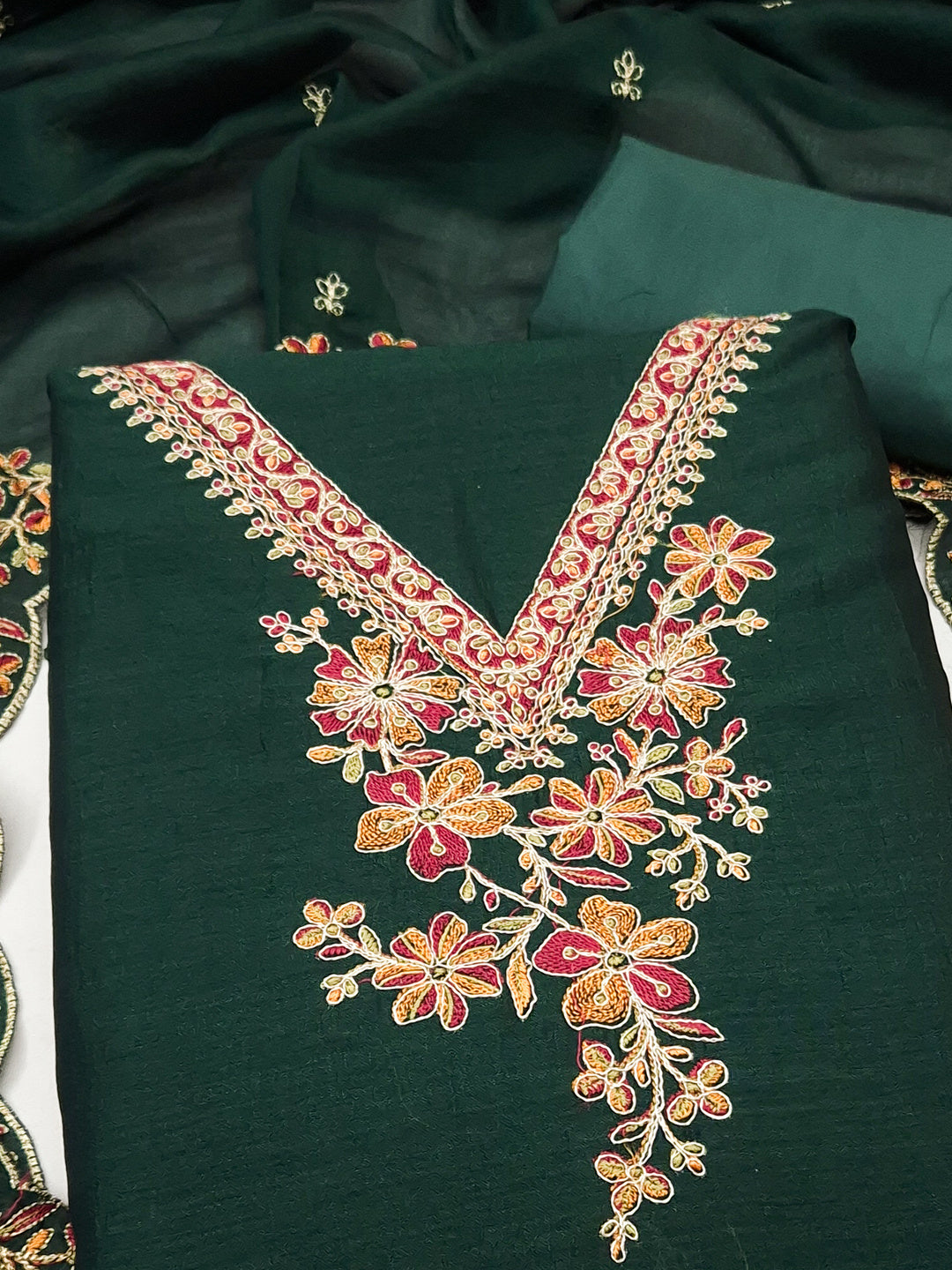 Peachmode Green Vichitra Silk Floral Embroidered Unstitched Dress Material - Image 4