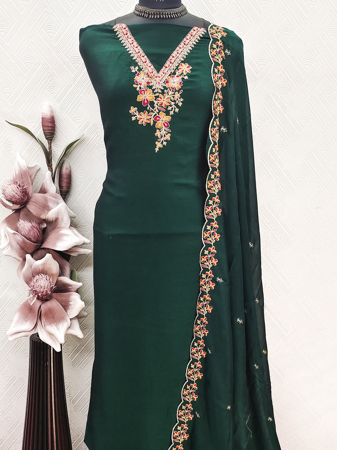 Peachmode Green Vichitra Silk Floral Embroidered Unstitched Dress Material - Image 6