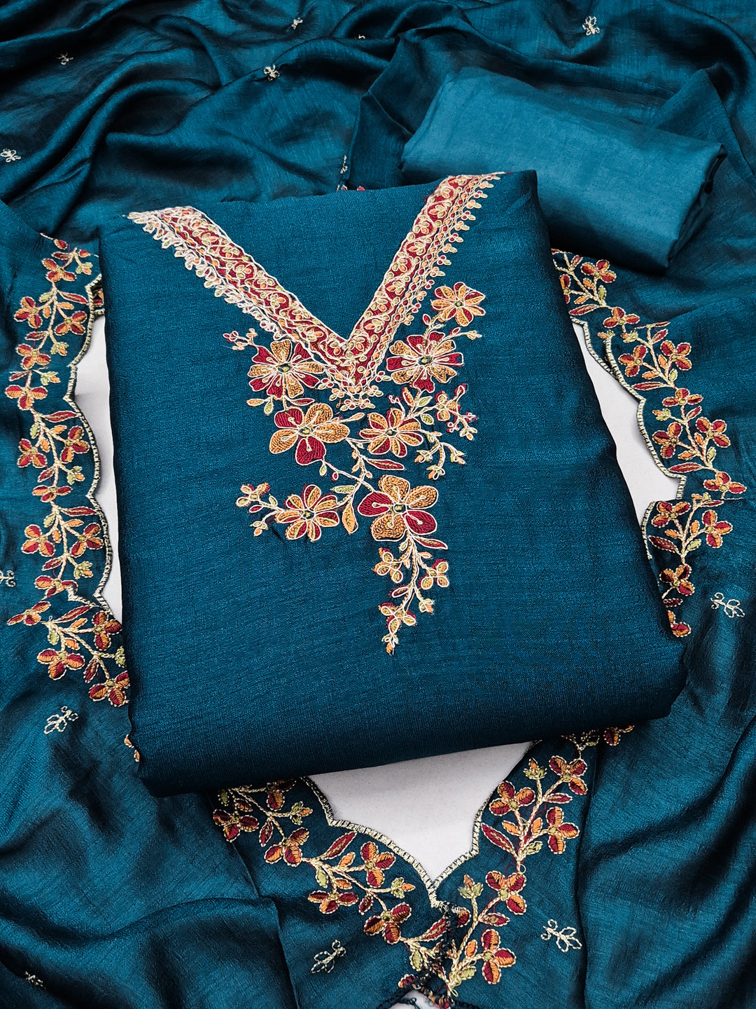 Peachmode Teal Vichitra Silk Floral Embroidered Unstitched Dress Material - Image 1