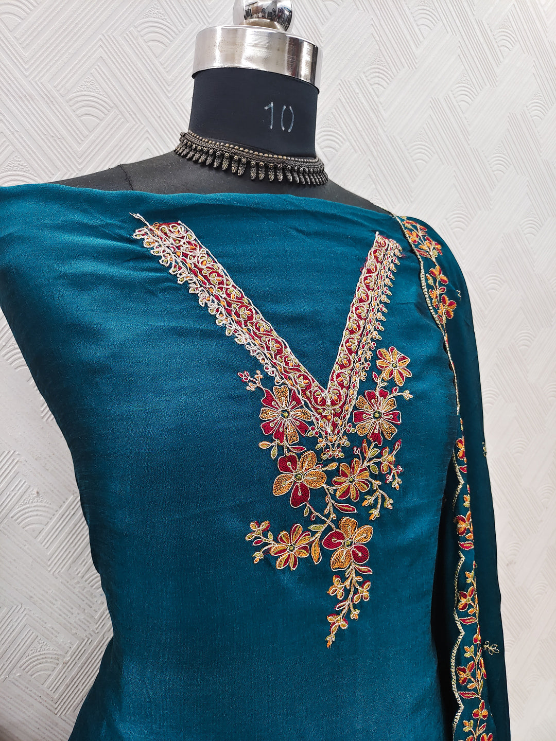 Peachmode Teal Vichitra Silk Floral Embroidered Unstitched Dress Material - Image 3