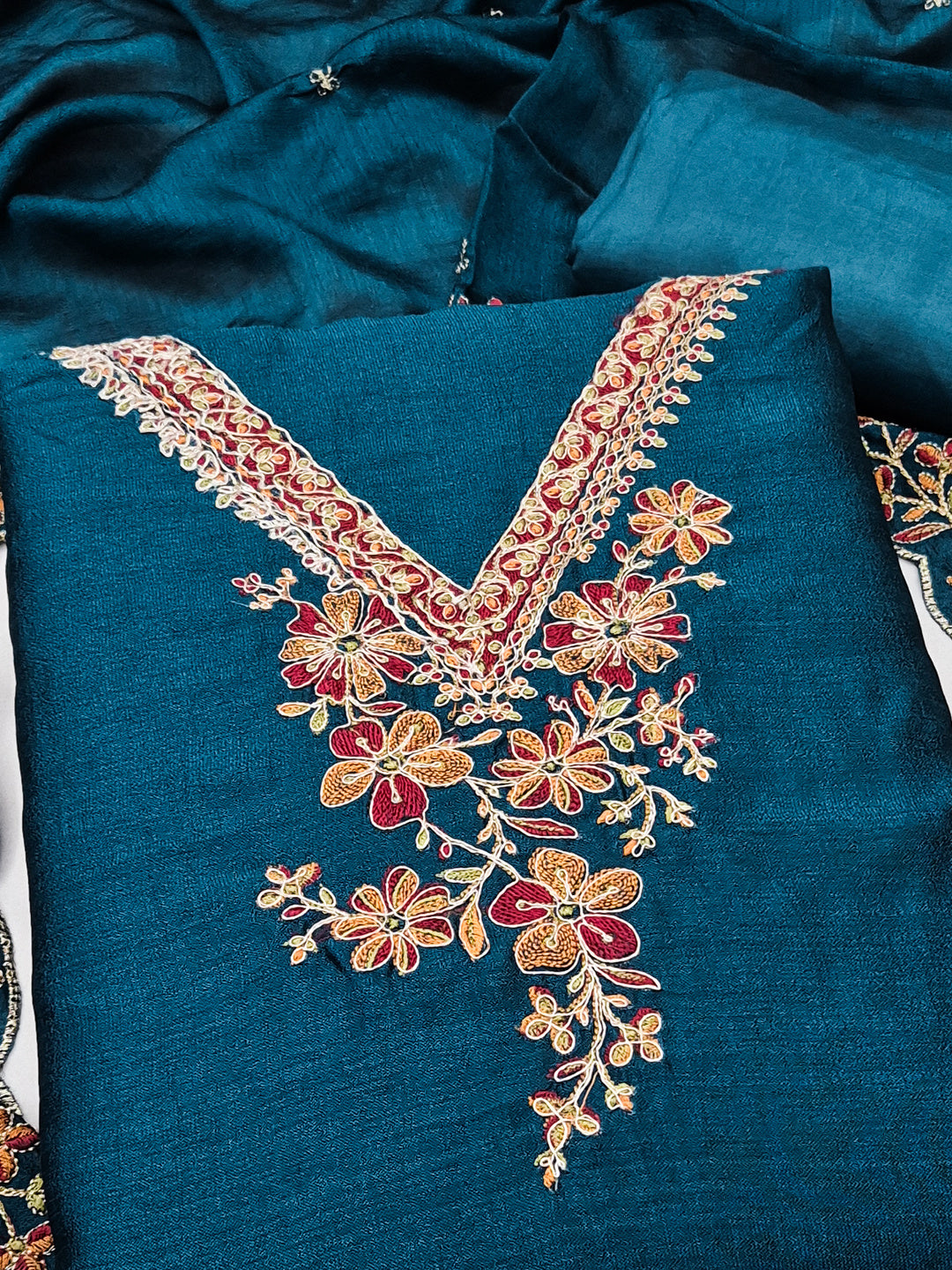 Peachmode Teal Vichitra Silk Floral Embroidered Unstitched Dress Material - Image 4