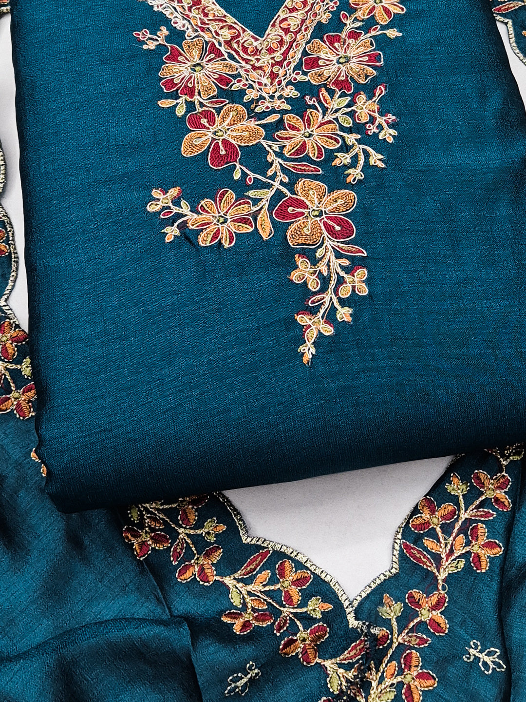 Peachmode Teal Vichitra Silk Floral Embroidered Unstitched Dress Material - Image 5