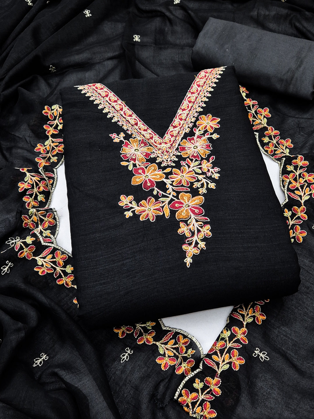 Peachmode Black Vichitra Silk Floral Embroidered Unstitched Dress Material - Image 1