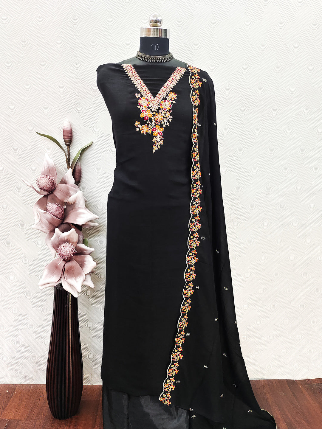Peachmode Black Vichitra Silk Floral Embroidered Unstitched Dress Material - Image 2
