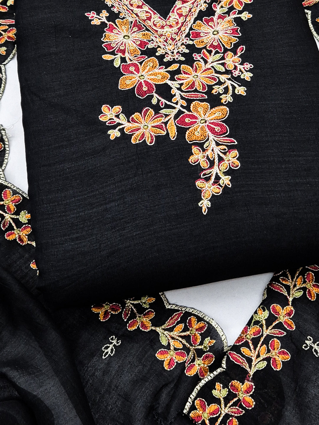 Peachmode Black Vichitra Silk Floral Embroidered Unstitched Dress Material - Image 5