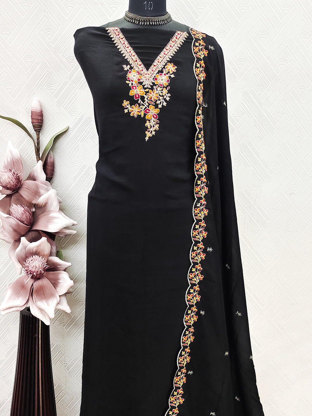 Peachmode Black Vichitra Silk Floral Embroidered Unstitched Dress Material - Image 6