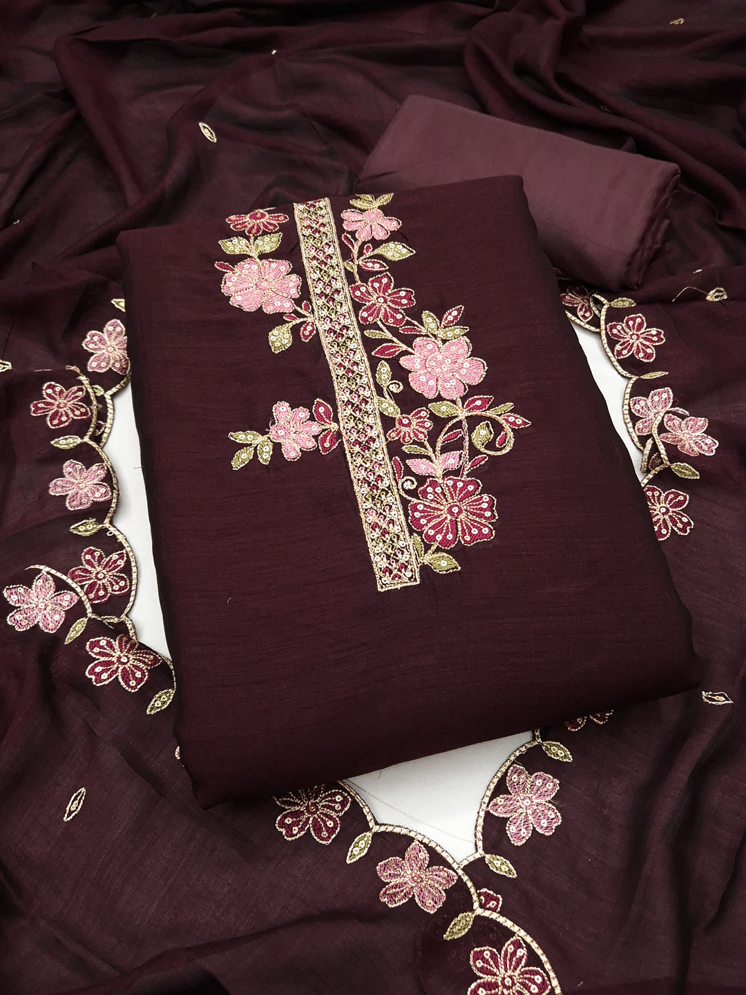 Peachmode Maroon Vichitra Silk Floral Embroidered Unstitched Dress Material - Image 1