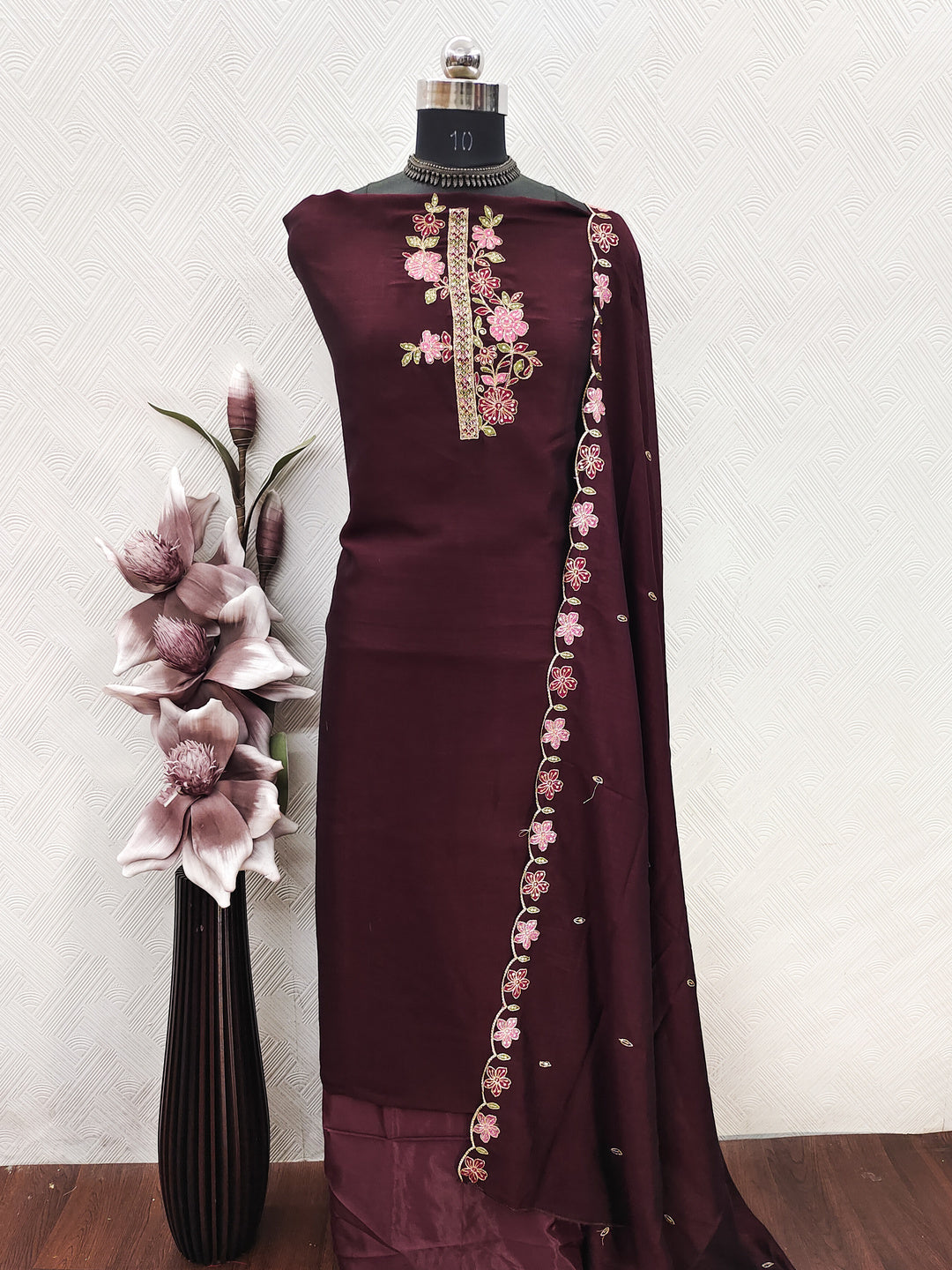 Peachmode Maroon Vichitra Silk Floral Embroidered Unstitched Dress Material - Image 2