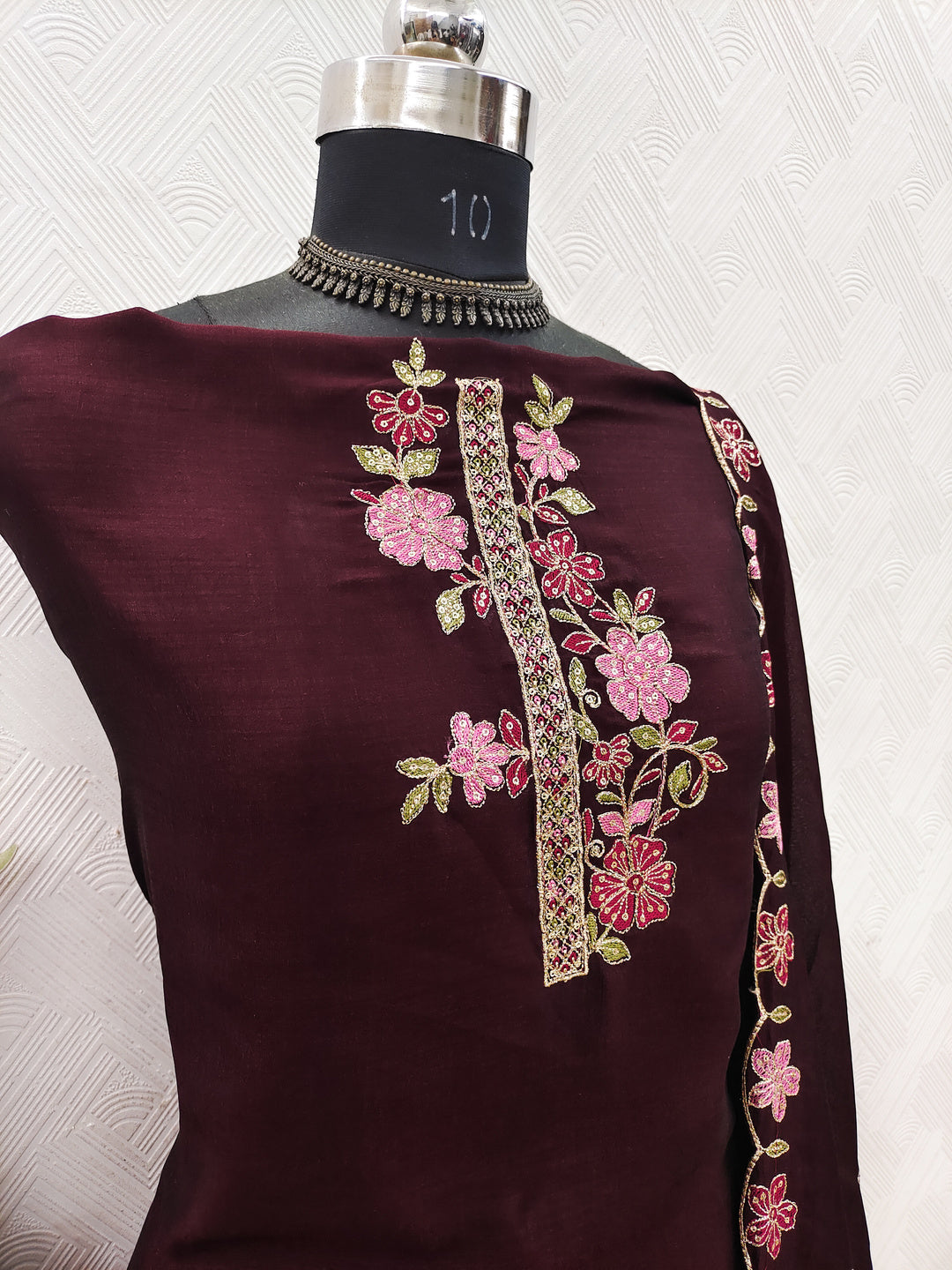 Peachmode Maroon Vichitra Silk Floral Embroidered Unstitched Dress Material - Image 3