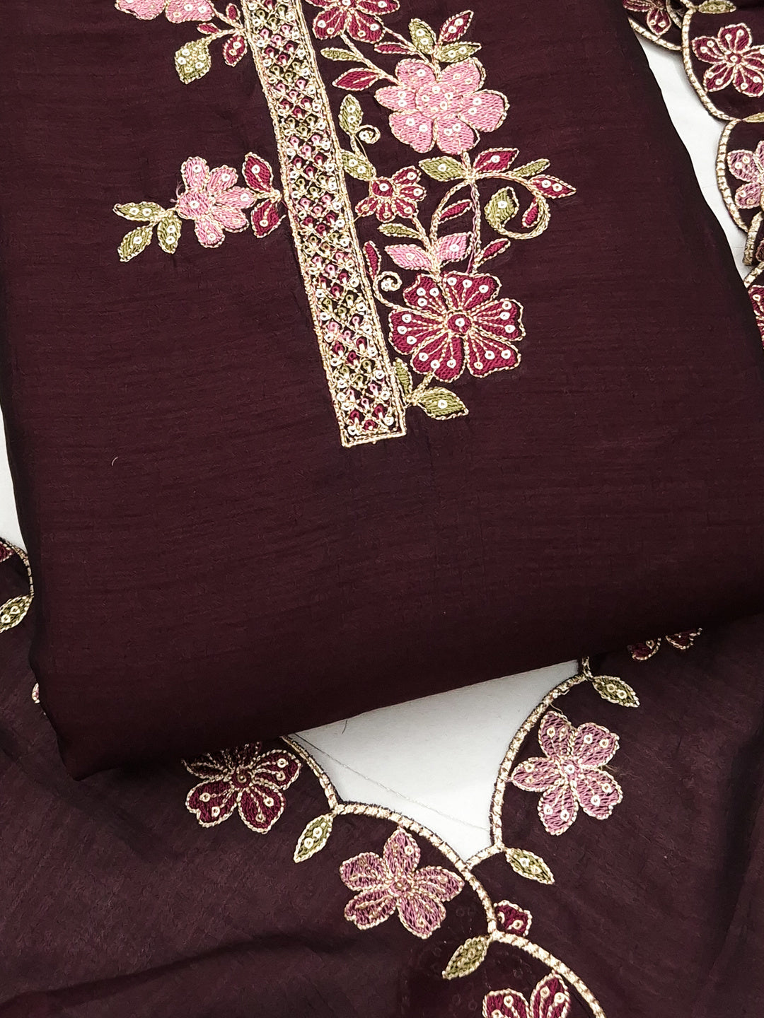 Peachmode Maroon Vichitra Silk Floral Embroidered Unstitched Dress Material - Image 5