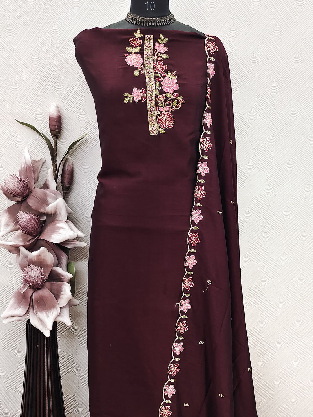 Peachmode Maroon Vichitra Silk Floral Embroidered Unstitched Dress Material - Image 6