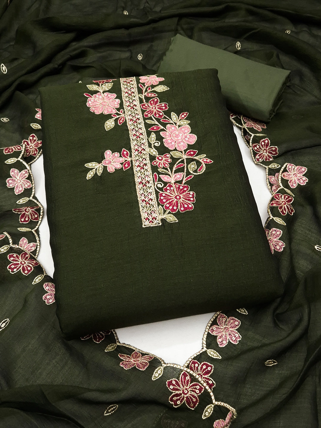 Peachmode Green Vichitra Silk Floral Embroidered Unstitched Dress Material - Image 1