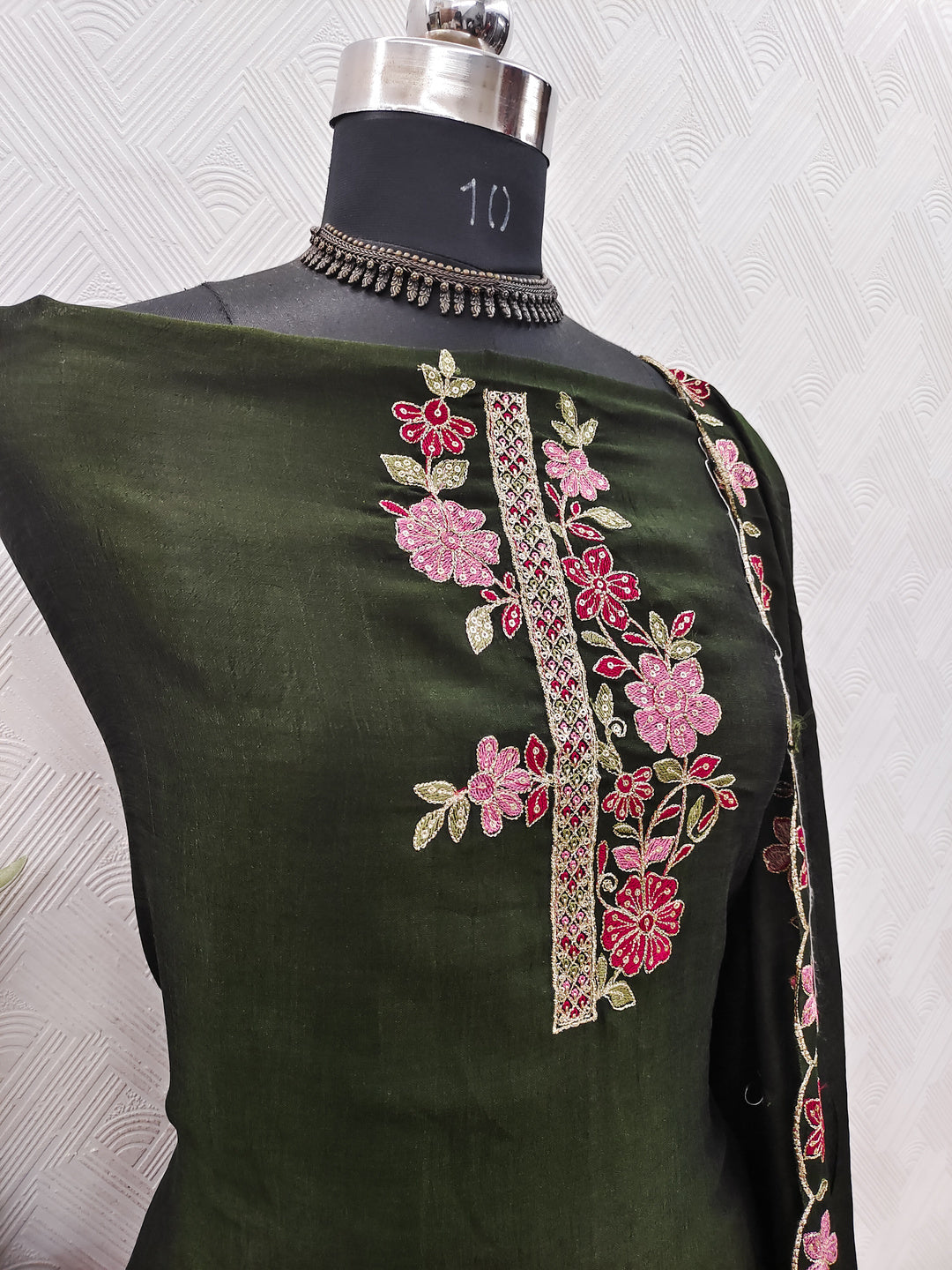 Peachmode Green Vichitra Silk Floral Embroidered Unstitched Dress Material - Image 3