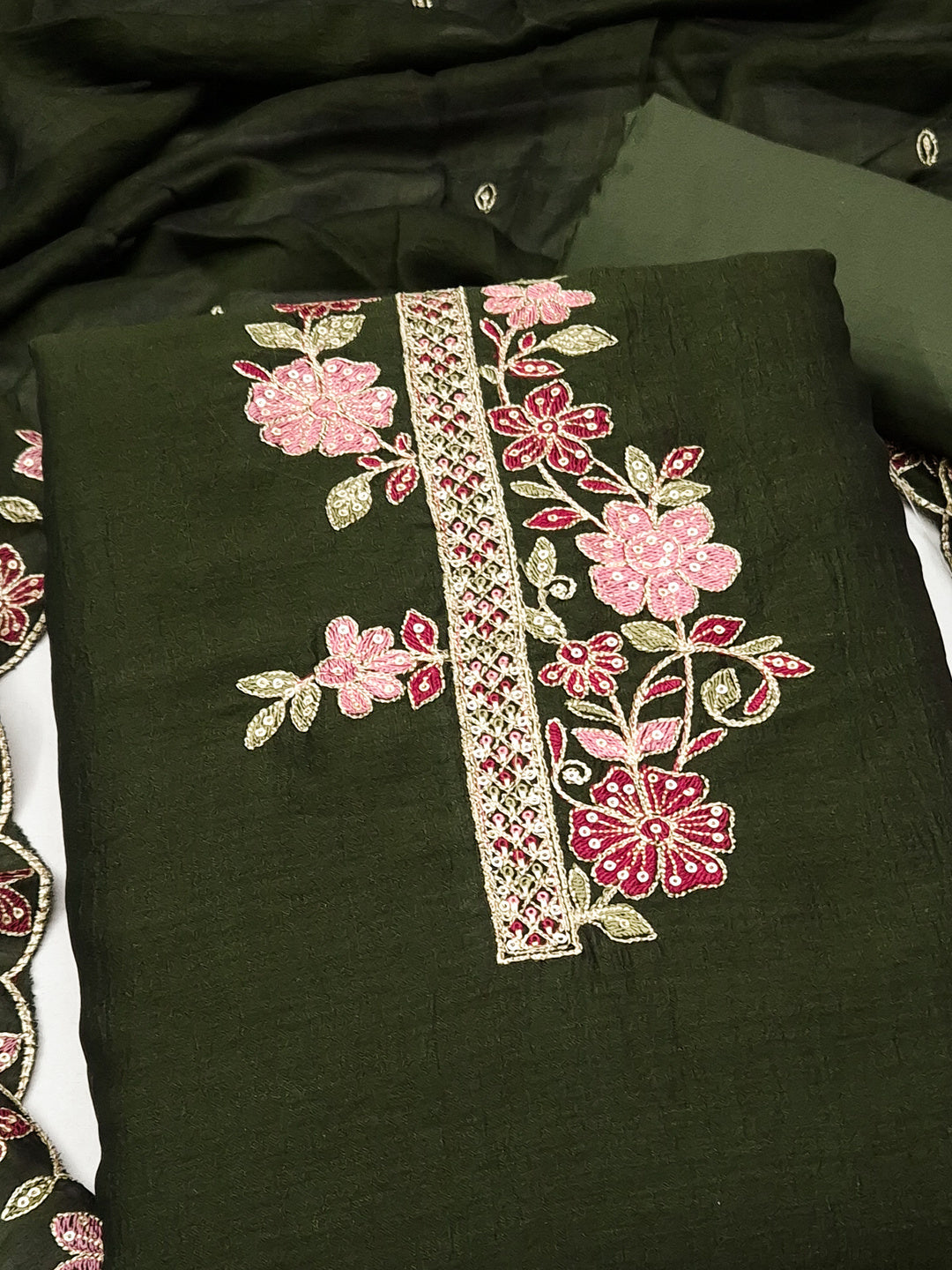 Peachmode Green Vichitra Silk Floral Embroidered Unstitched Dress Material - Image 4