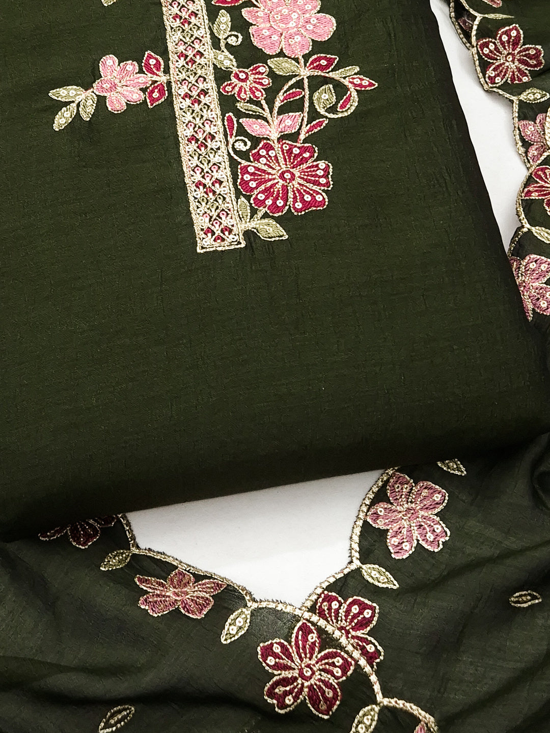 Peachmode Green Vichitra Silk Floral Embroidered Unstitched Dress Material - Image 5
