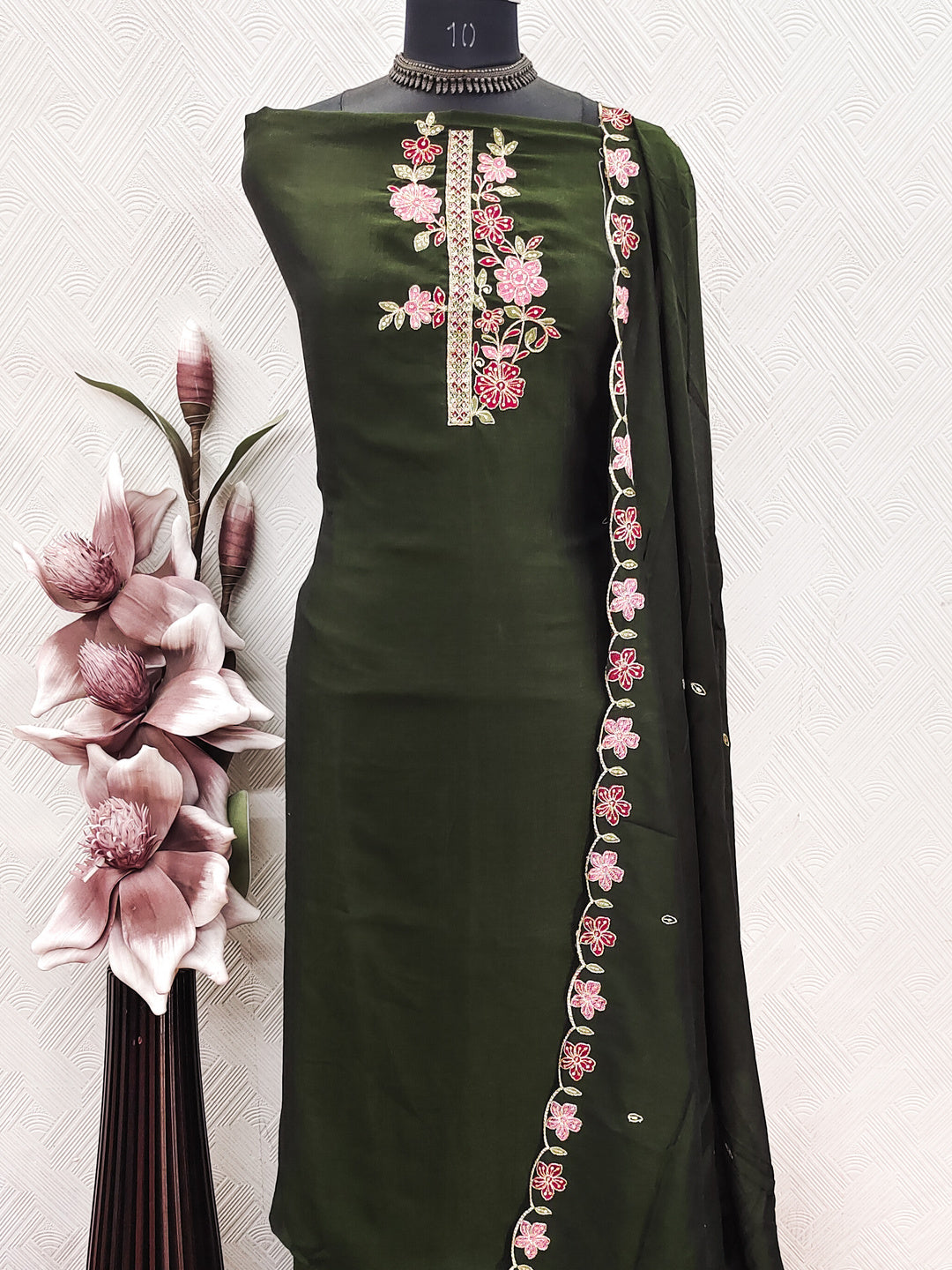 Peachmode Green Vichitra Silk Floral Embroidered Unstitched Dress Material - Image 6