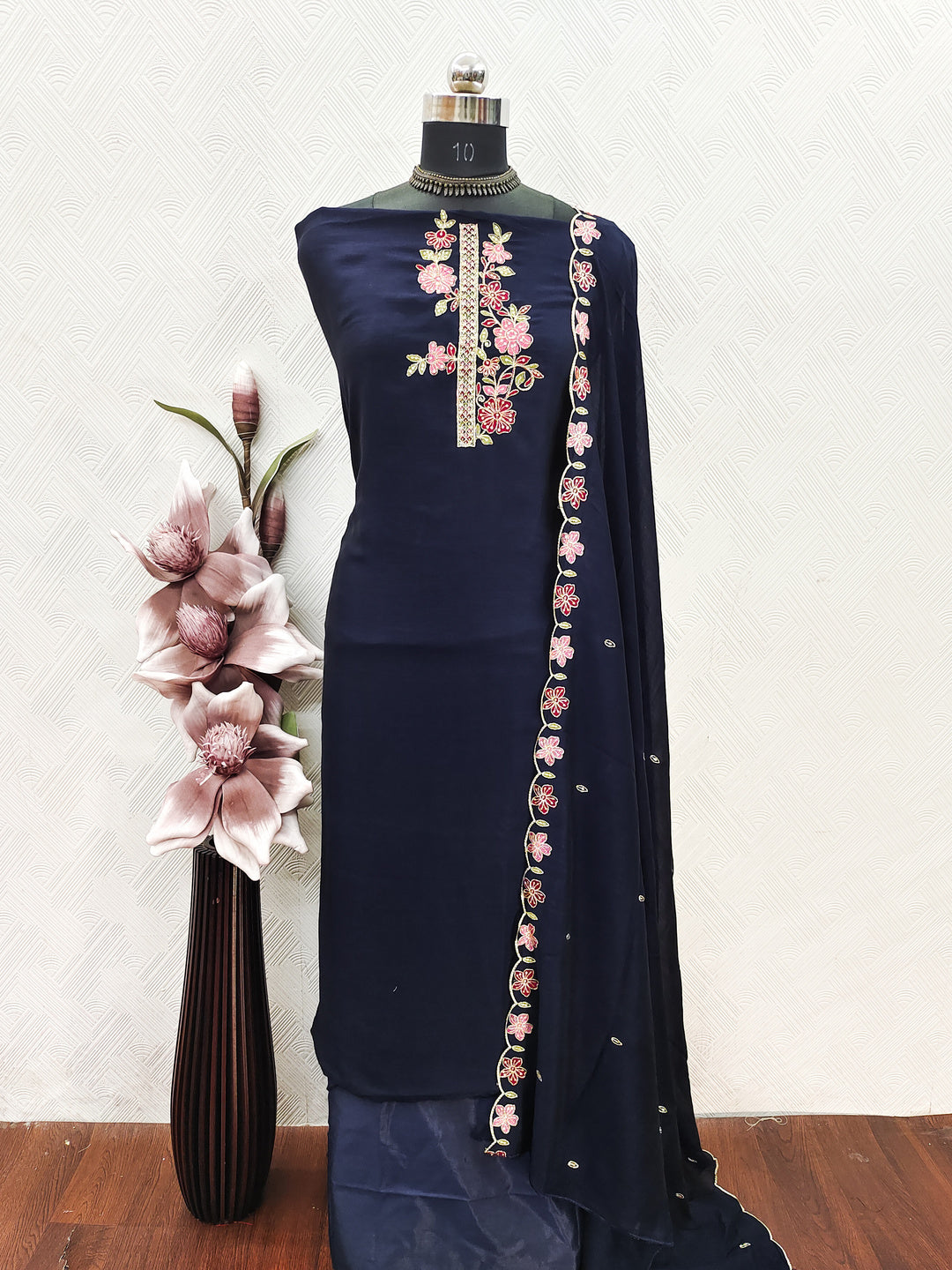 Peachmode Navy Blue Vichitra Silk Floral Embroidered Unstitched Dress Material - Image 2