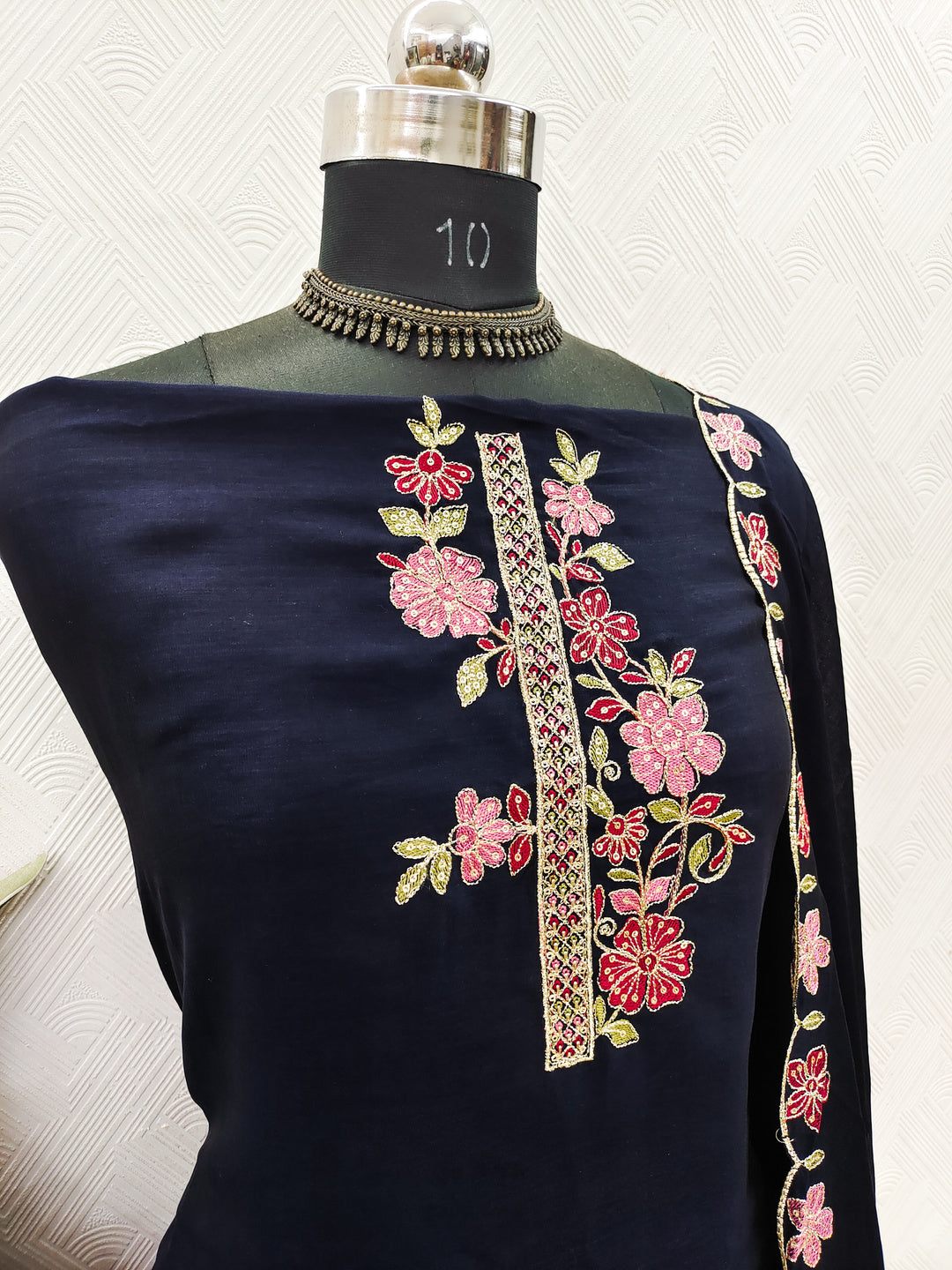 Peachmode Navy Blue Vichitra Silk Floral Embroidered Unstitched Dress Material - Image 3