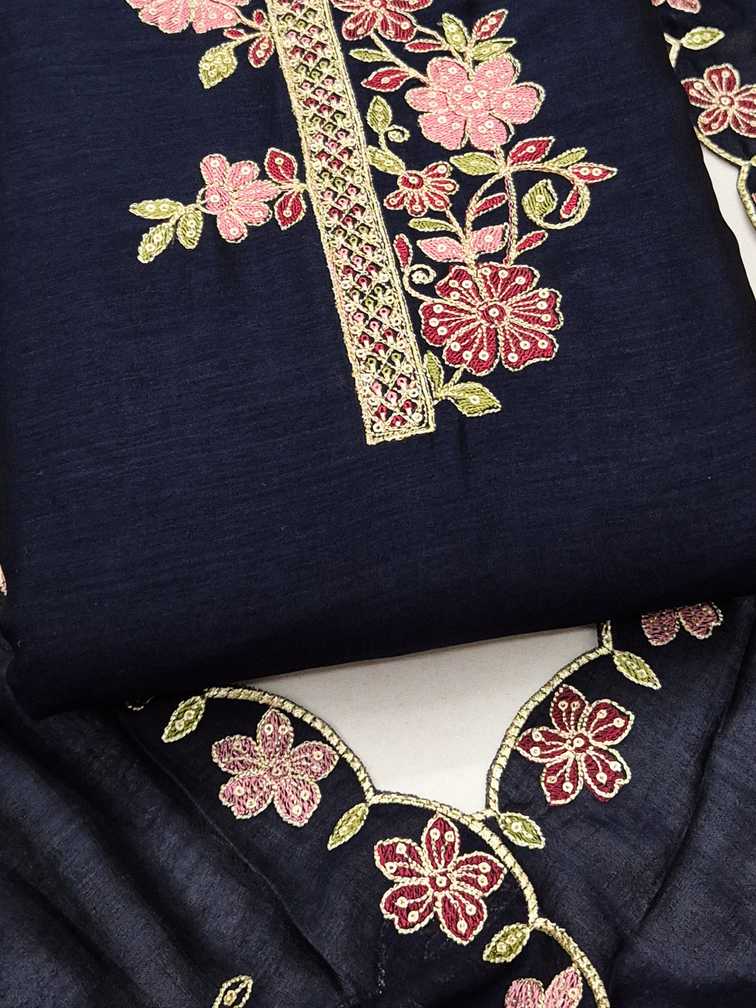 Peachmode Navy Blue Vichitra Silk Floral Embroidered Unstitched Dress Material - Image 5
