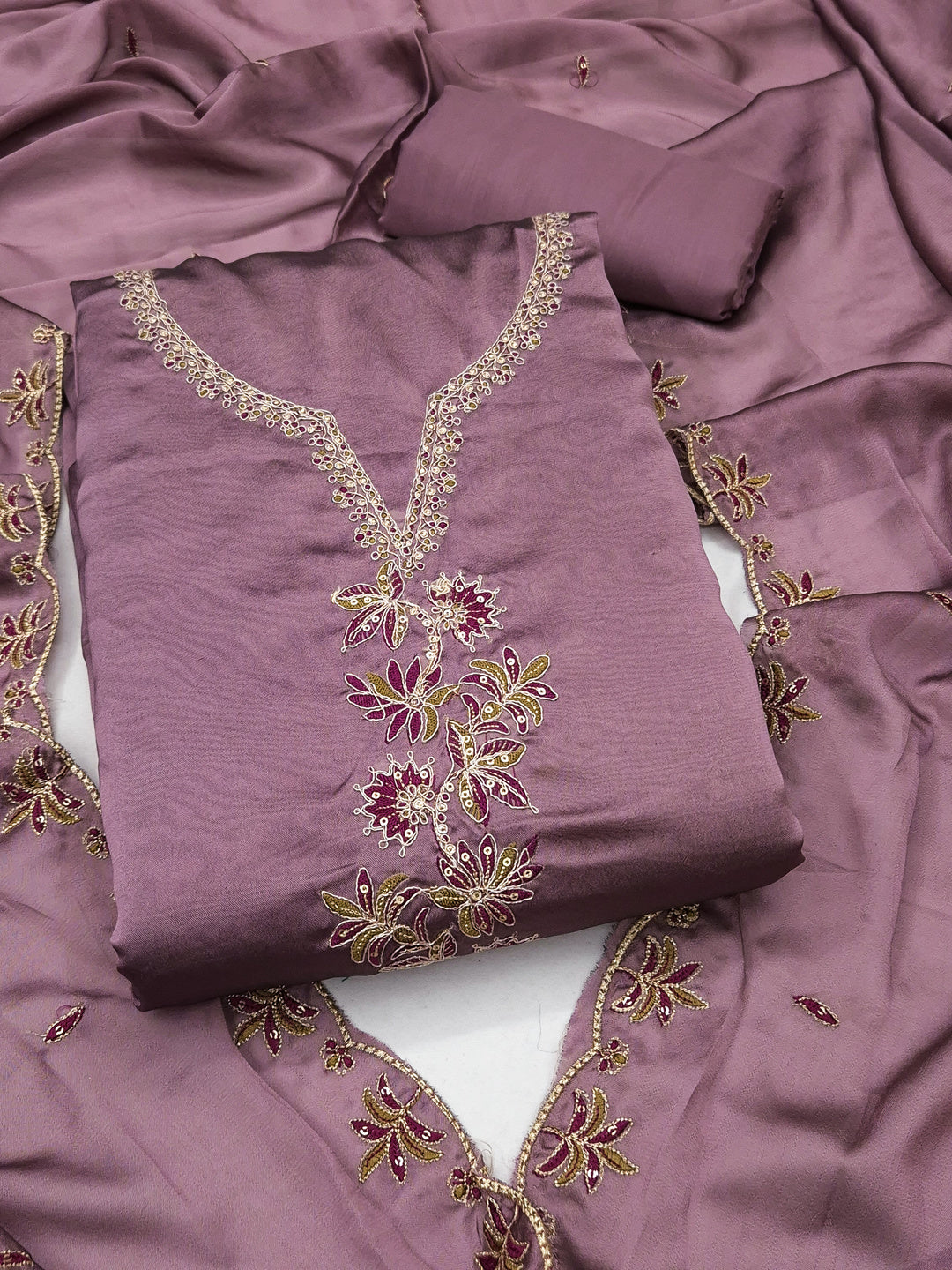 Peachmode Mauve Satin Floral Embroidered Unstitched Dress Material - Image 1