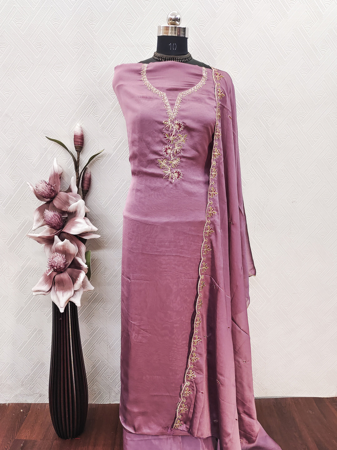 Peachmode Mauve Satin Floral Embroidered Unstitched Dress Material - Image 2
