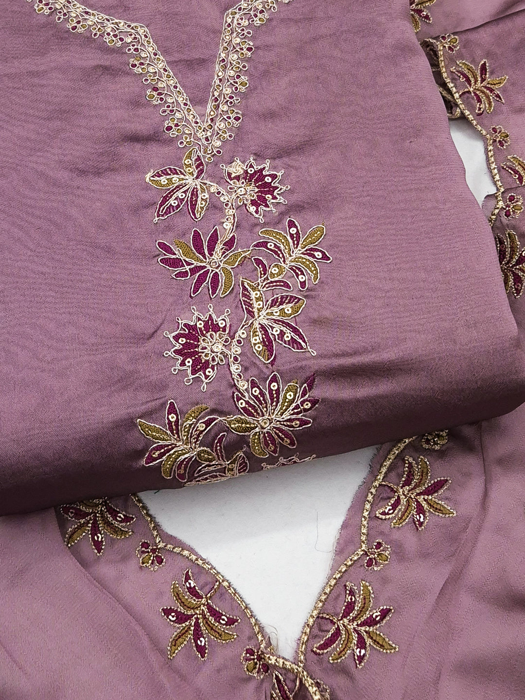 Peachmode Mauve Satin Floral Embroidered Unstitched Dress Material - Image 5