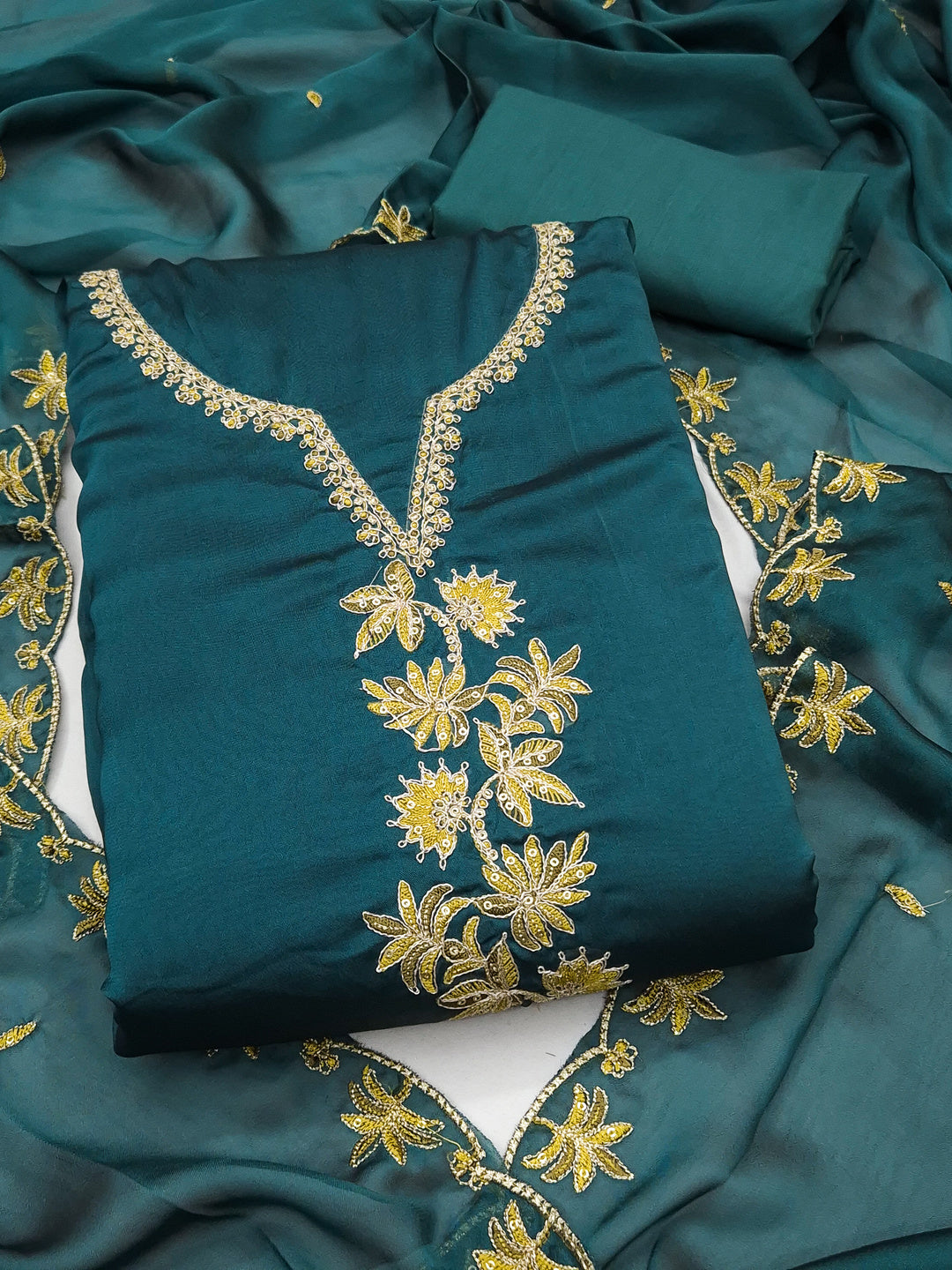 Peachmode Teal Satin Floral Embroidered Unstitched Dress Material - Image 1