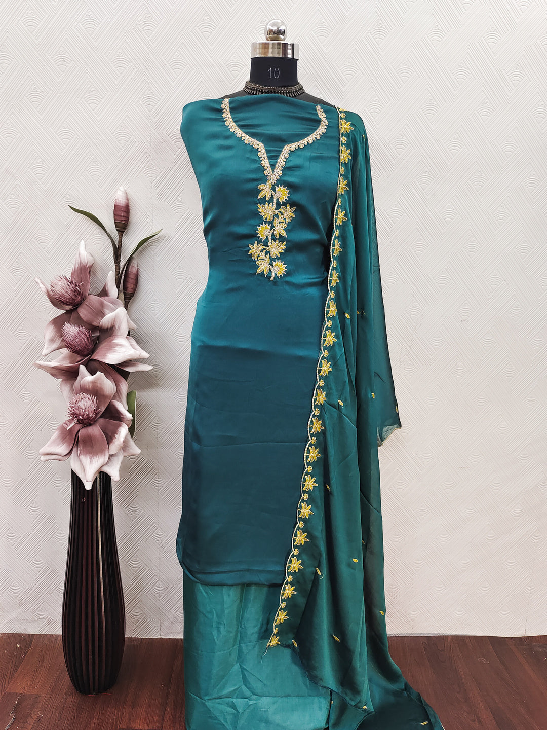 Peachmode Teal Satin Floral Embroidered Unstitched Dress Material - Image 2