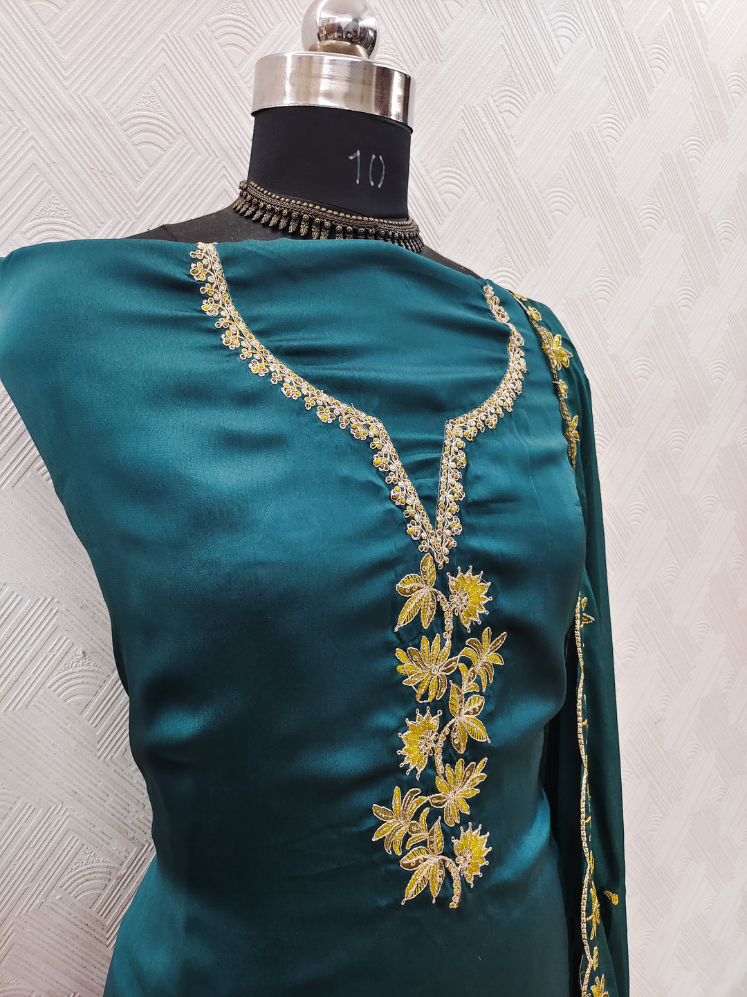 Peachmode Teal Satin Floral Embroidered Unstitched Dress Material - Image 3