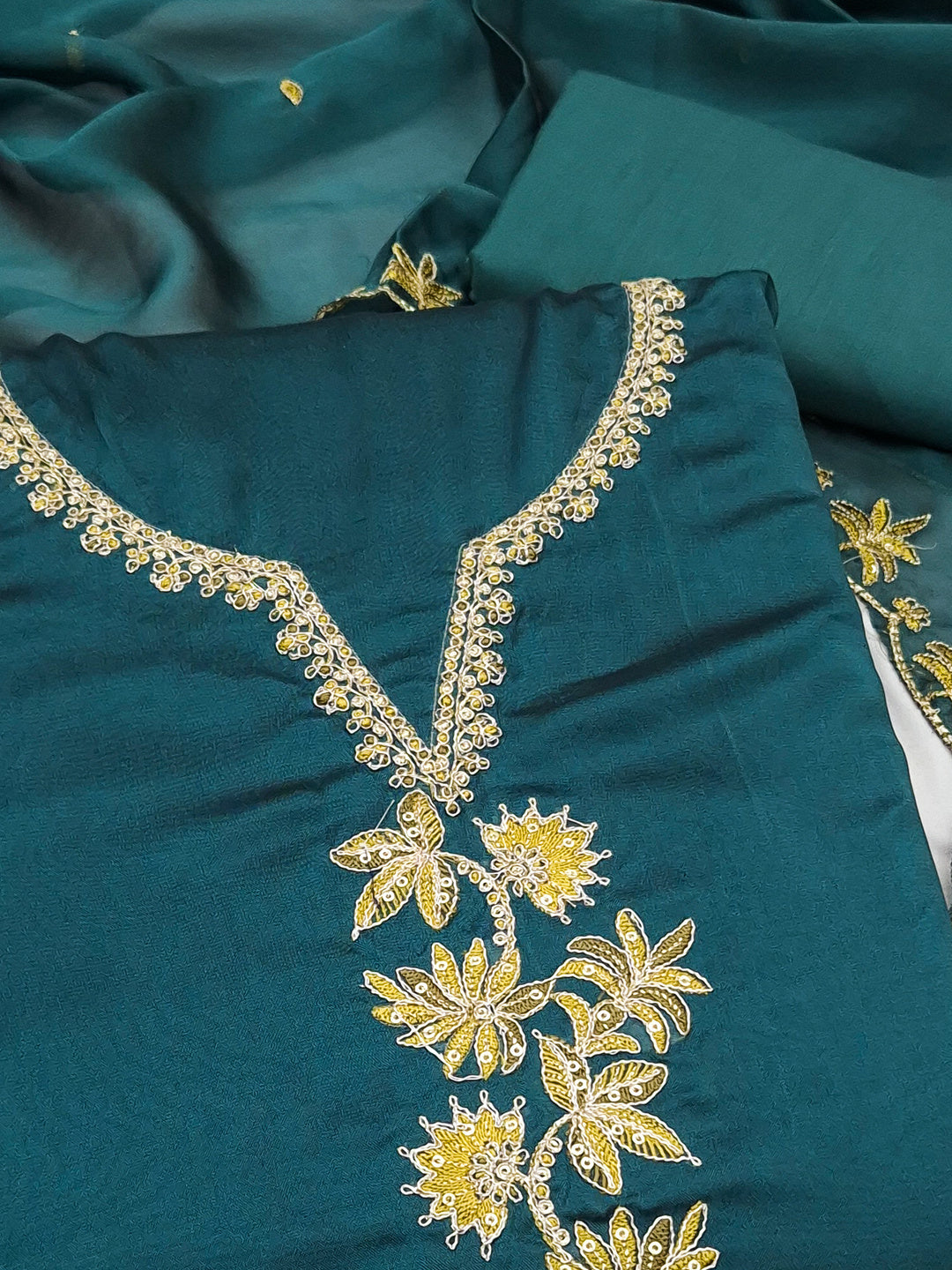 Peachmode Teal Satin Floral Embroidered Unstitched Dress Material - Image 4