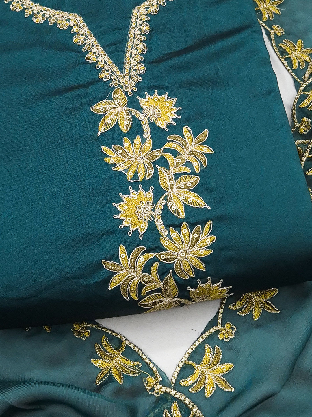 Peachmode Teal Satin Floral Embroidered Unstitched Dress Material - Image 5