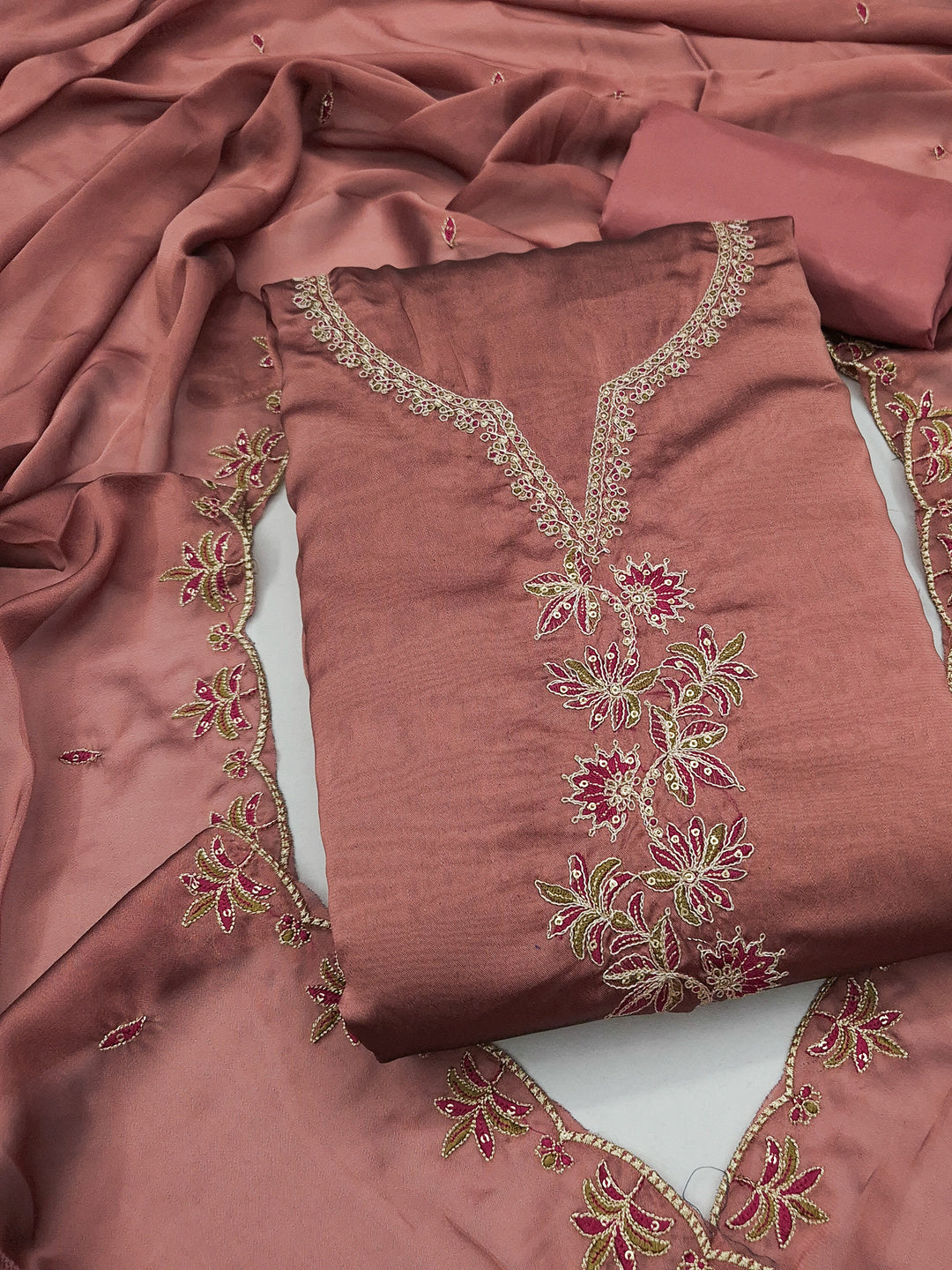 Peachmode Peach Satin Floral Embroidered Unstitched Dress Material - Image 1