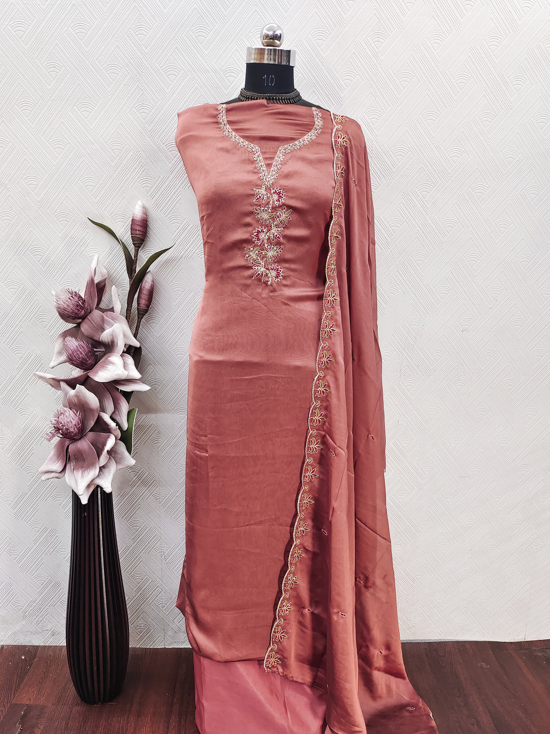 Peachmode Peach Satin Floral Embroidered Unstitched Dress Material - Image 2