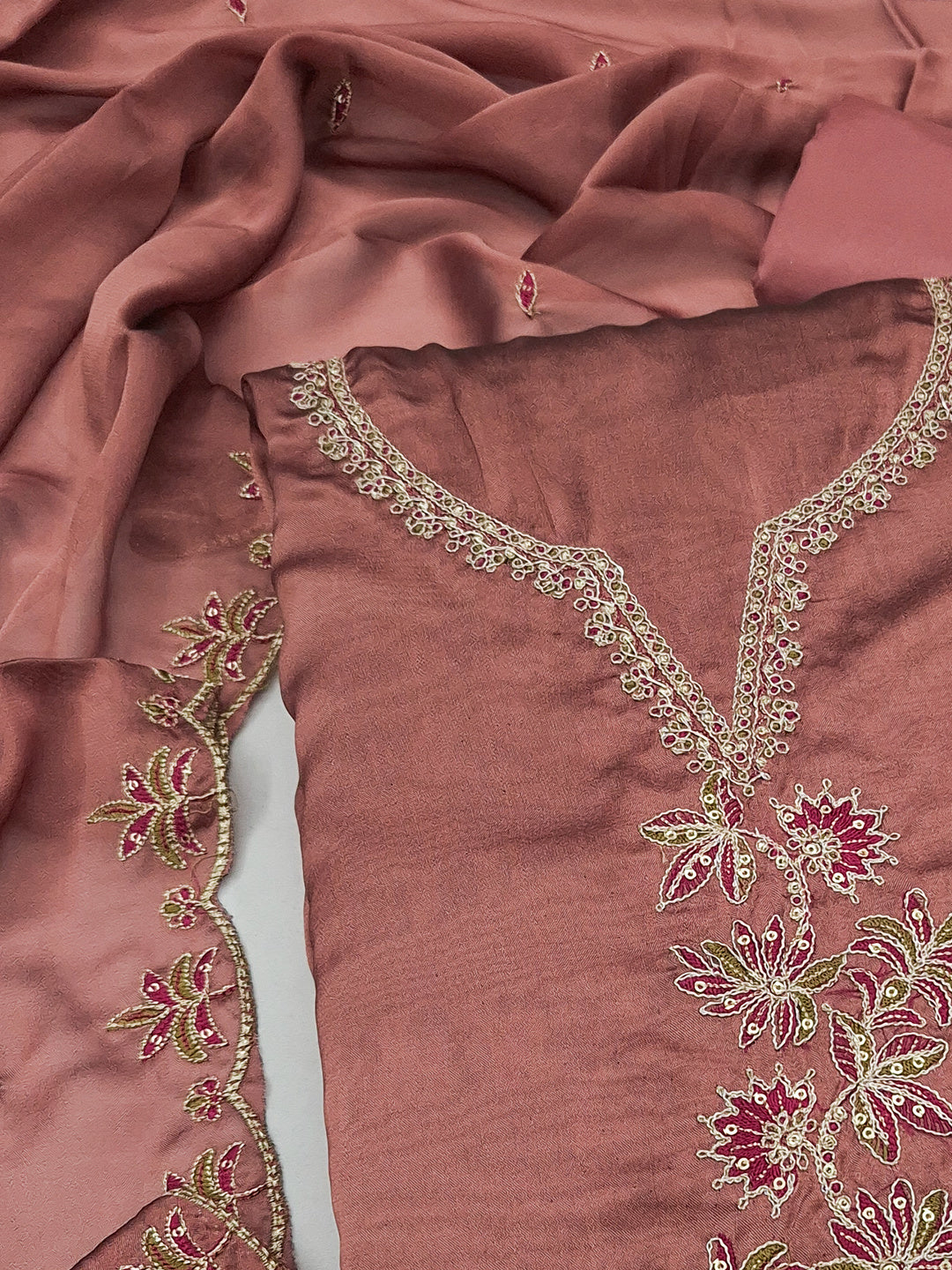 Peachmode Peach Satin Floral Embroidered Unstitched Dress Material - Image 4
