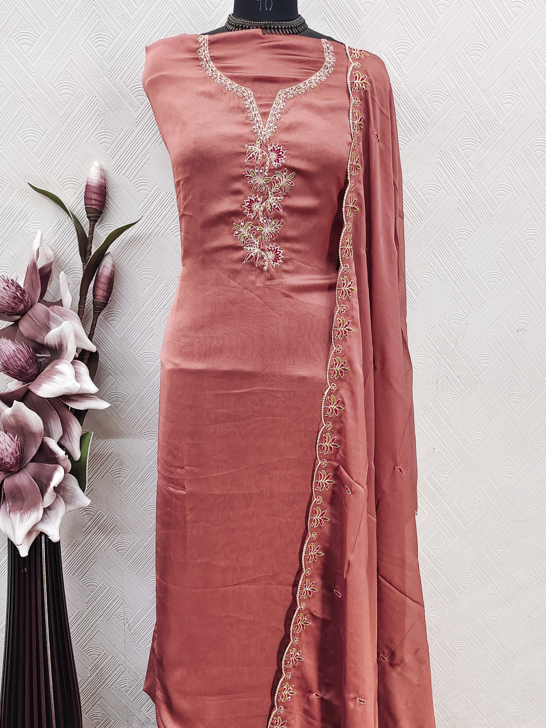 Peachmode Peach Satin Floral Embroidered Unstitched Dress Material - Image 6