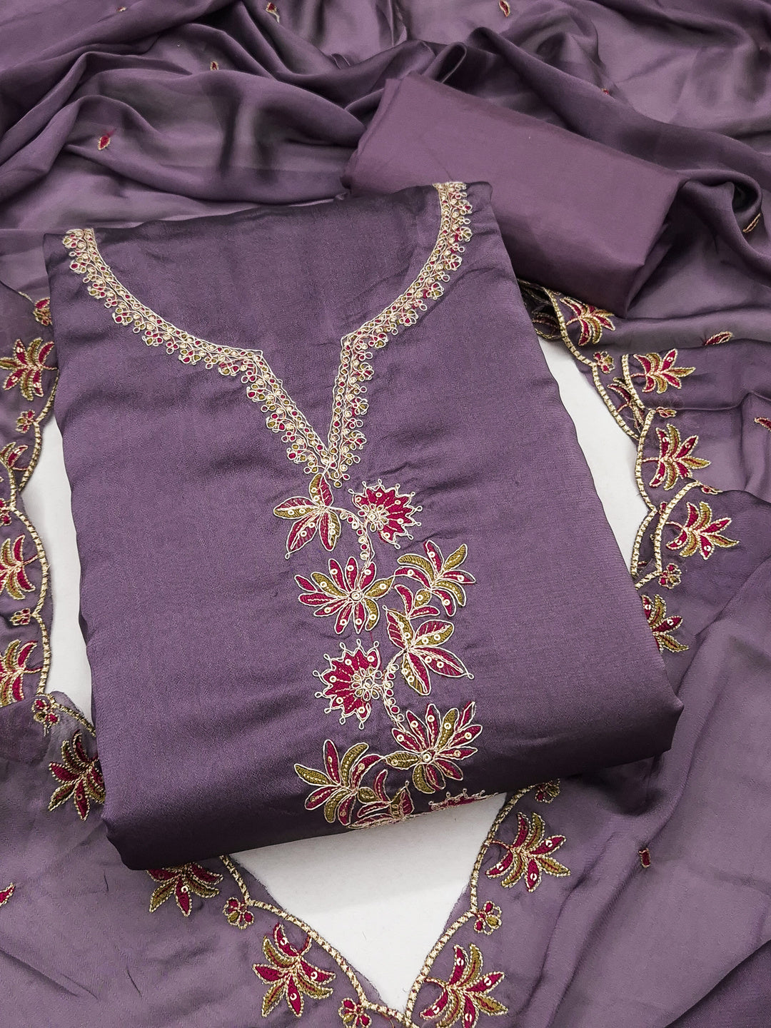 Peachmode Lavender Satin Floral Embroidered Unstitched Dress Material - Image 1