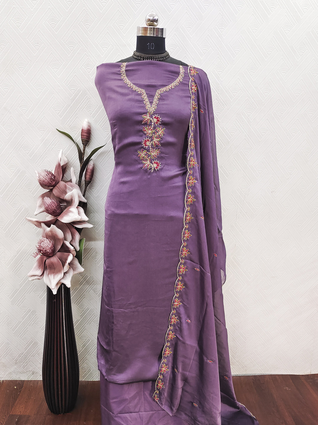 Peachmode Lavender Satin Floral Embroidered Unstitched Dress Material - Image 2