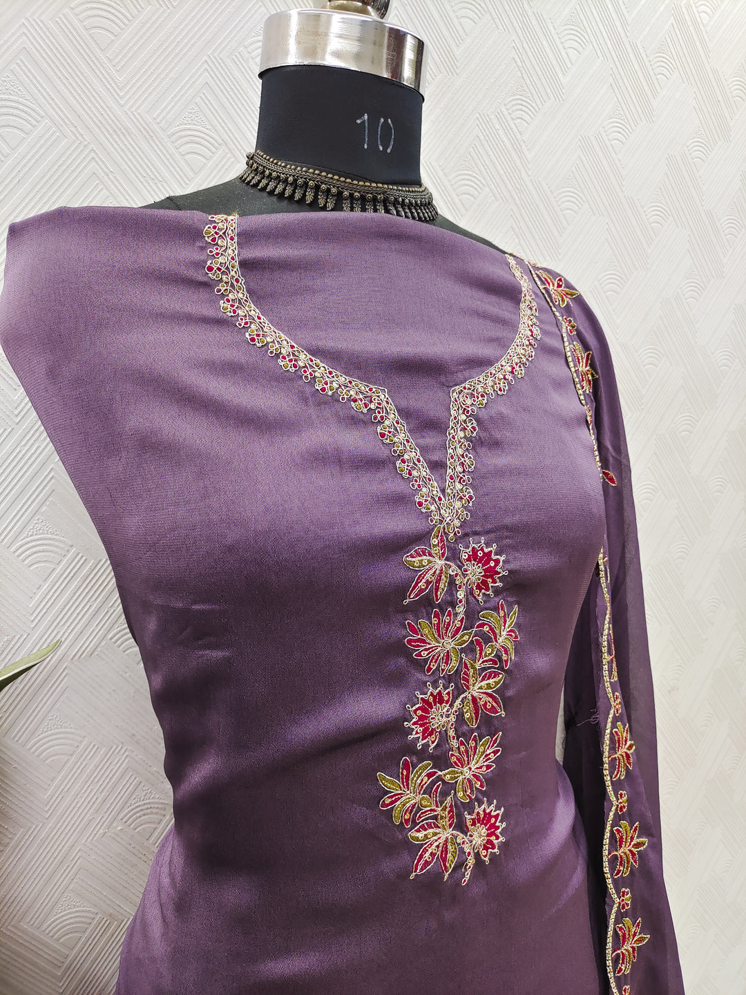 Peachmode Lavender Satin Floral Embroidered Unstitched Dress Material - Image 3