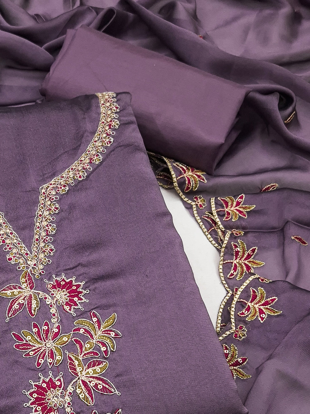 Peachmode Lavender Satin Floral Embroidered Unstitched Dress Material - Image 4