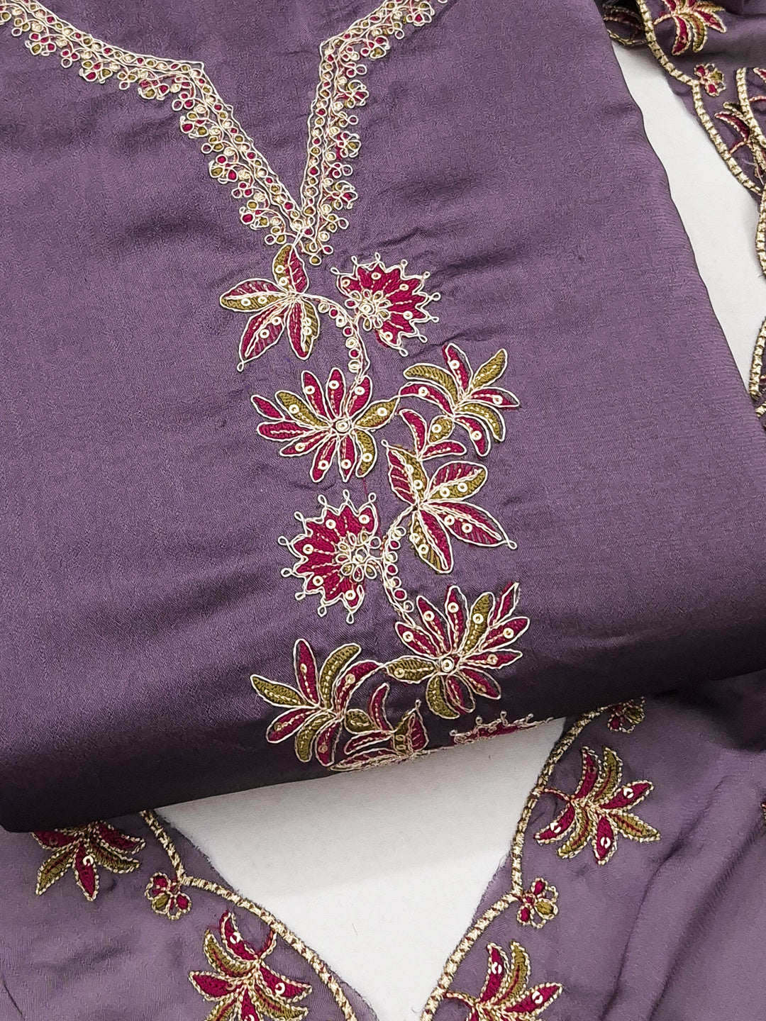Peachmode Lavender Satin Floral Embroidered Unstitched Dress Material - Image 5