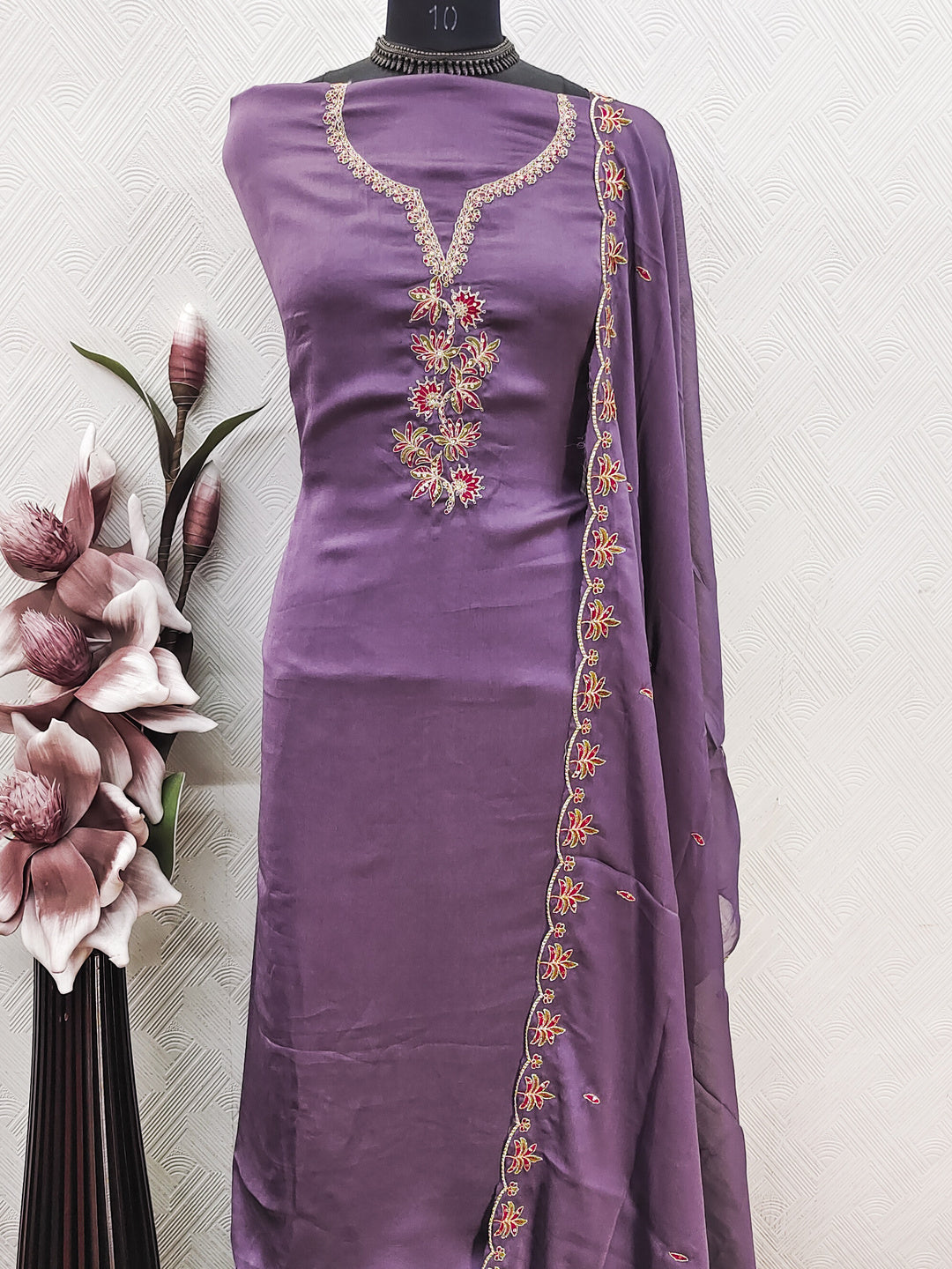 Peachmode Lavender Satin Floral Embroidered Unstitched Dress Material - Image 6